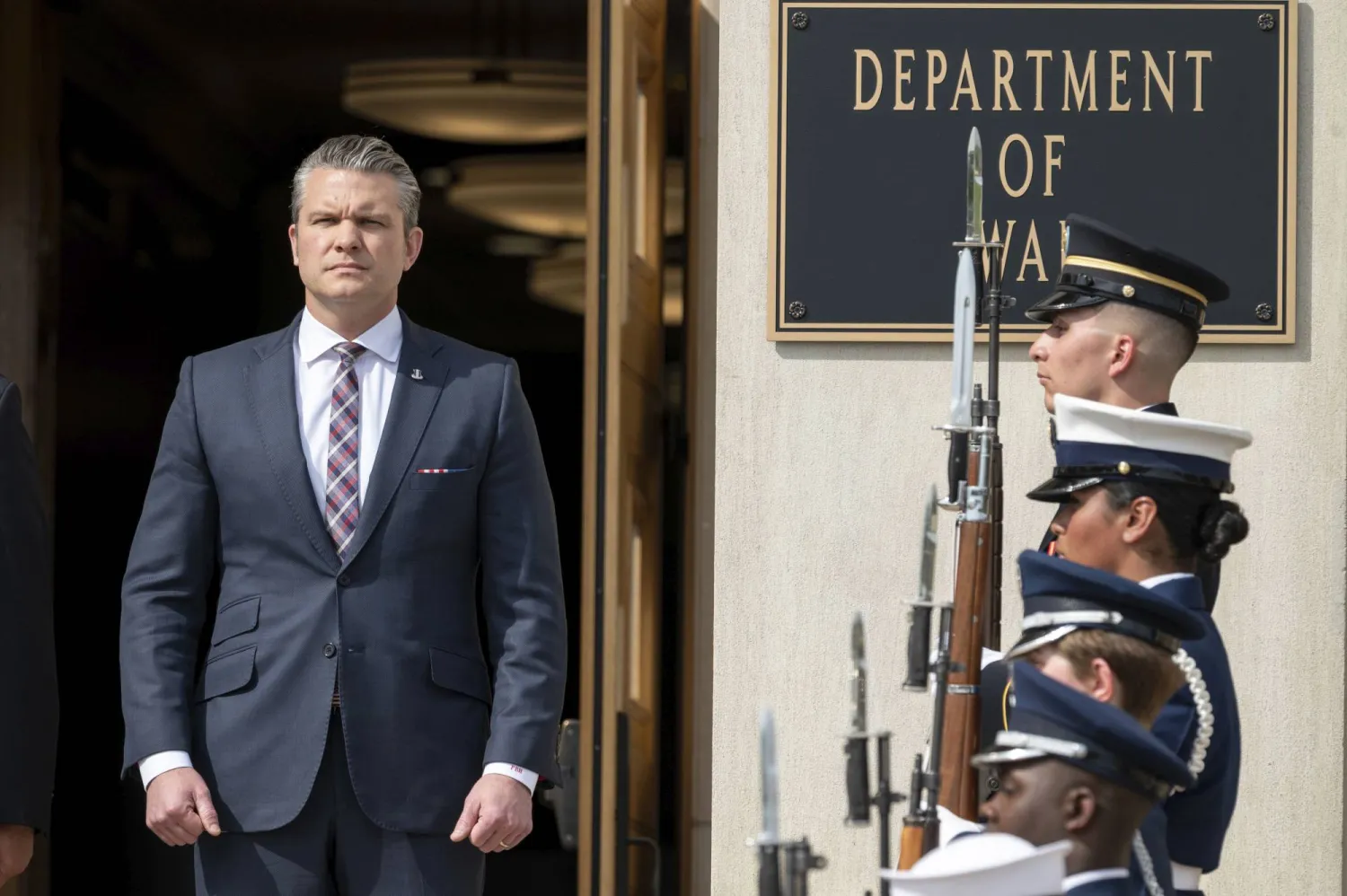 Defense Secretary Pete Hegseth welcomes Minister of Defense for Indonesia Sjafrie Sjamsoeddin to the Pentagon, Monday, April 13, 2026 in Washington. (AP Photo/Kevin Wolf)