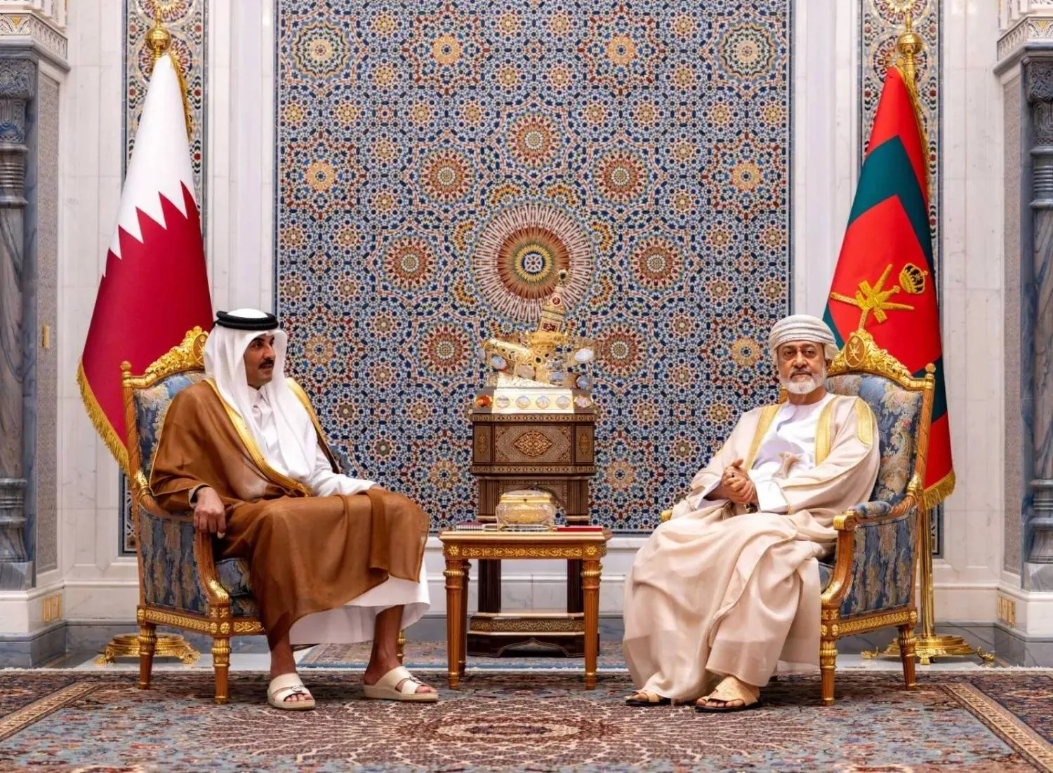 Sultan Haitham bin Tariq of Oman, and Sheikh Tamim bin Hamad Al Thani, Emir of Qatar met at Al Baraka Palace in Muscat on Thursday (Omani News Agency) 