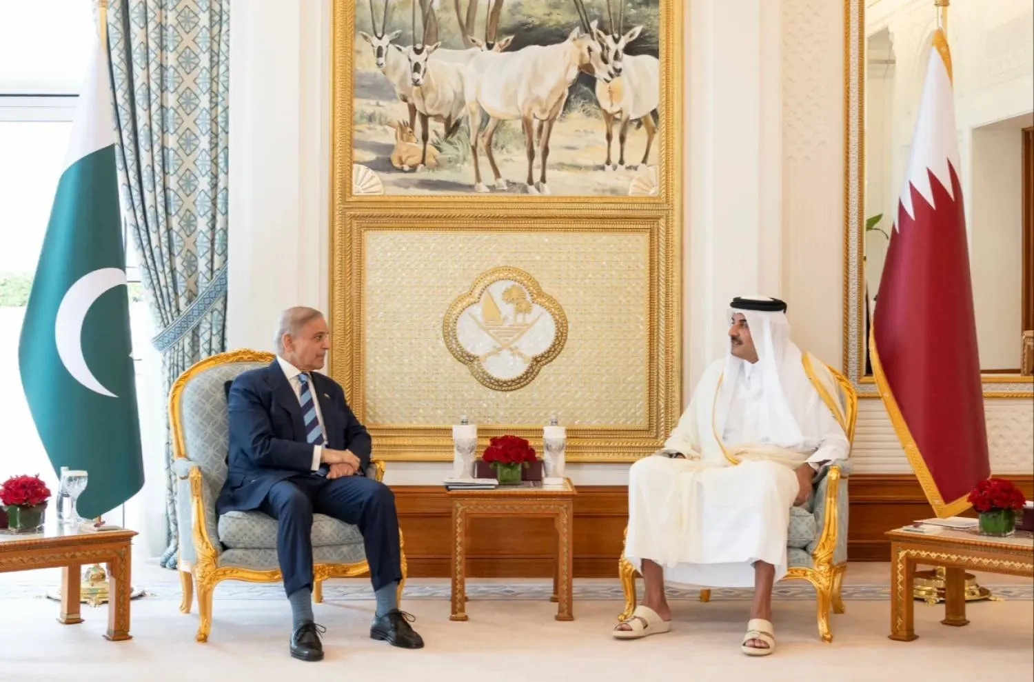 The Emir of Qatar, Sheikh Tamim bin Hamad Al Thani meets Pakistan’s Prime Minister Shehbaz Sharif in Doha, Qatar, April 16, 2026. (QNA)