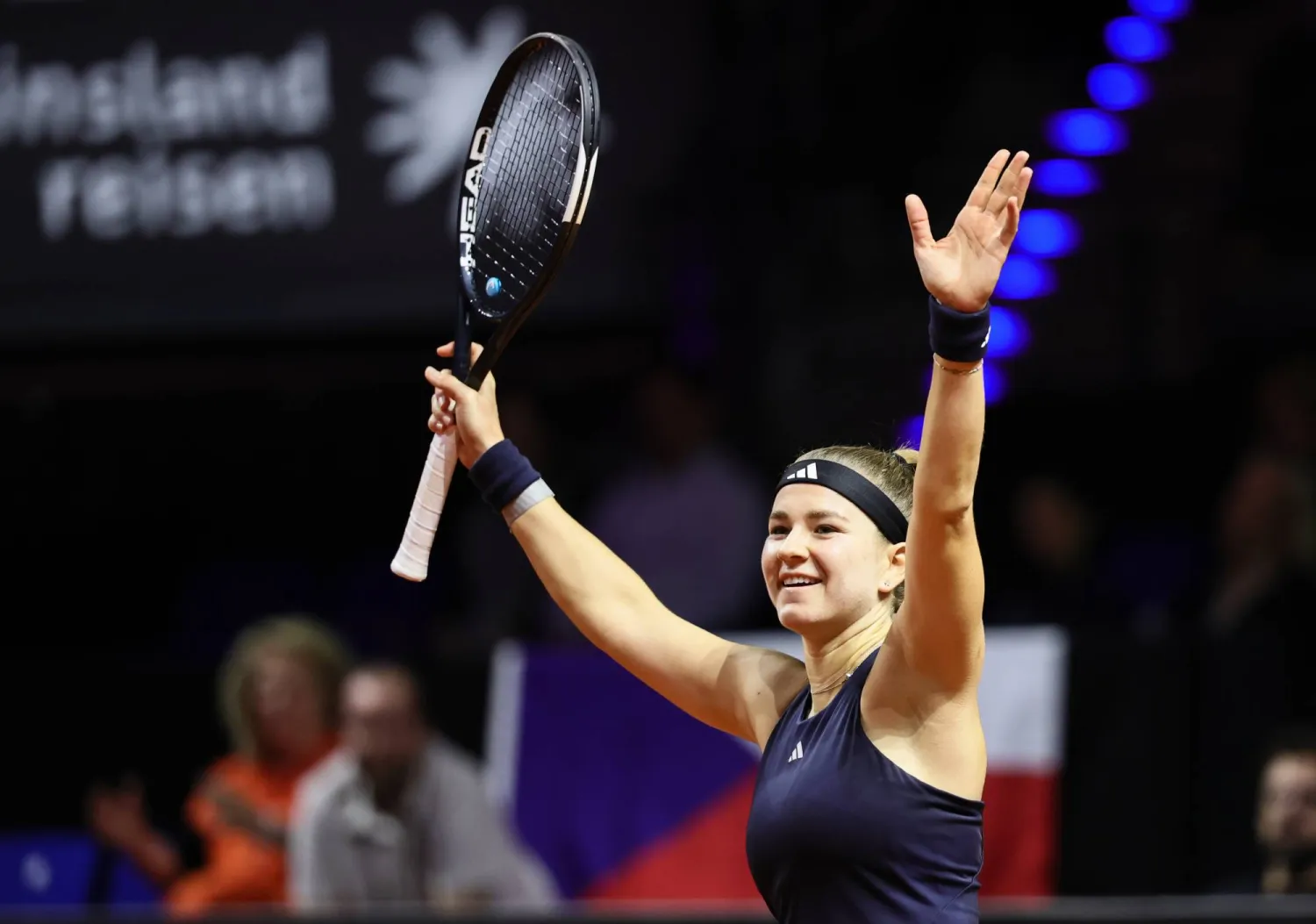 Karolina Muchova of the Czech Republic celebrates winning her quarter-finals match against Coco Gauff of the USA at the Porsche Tennis Grand Prix tournament in Stuttgart, Germany, 17 April 2026. (EPA)