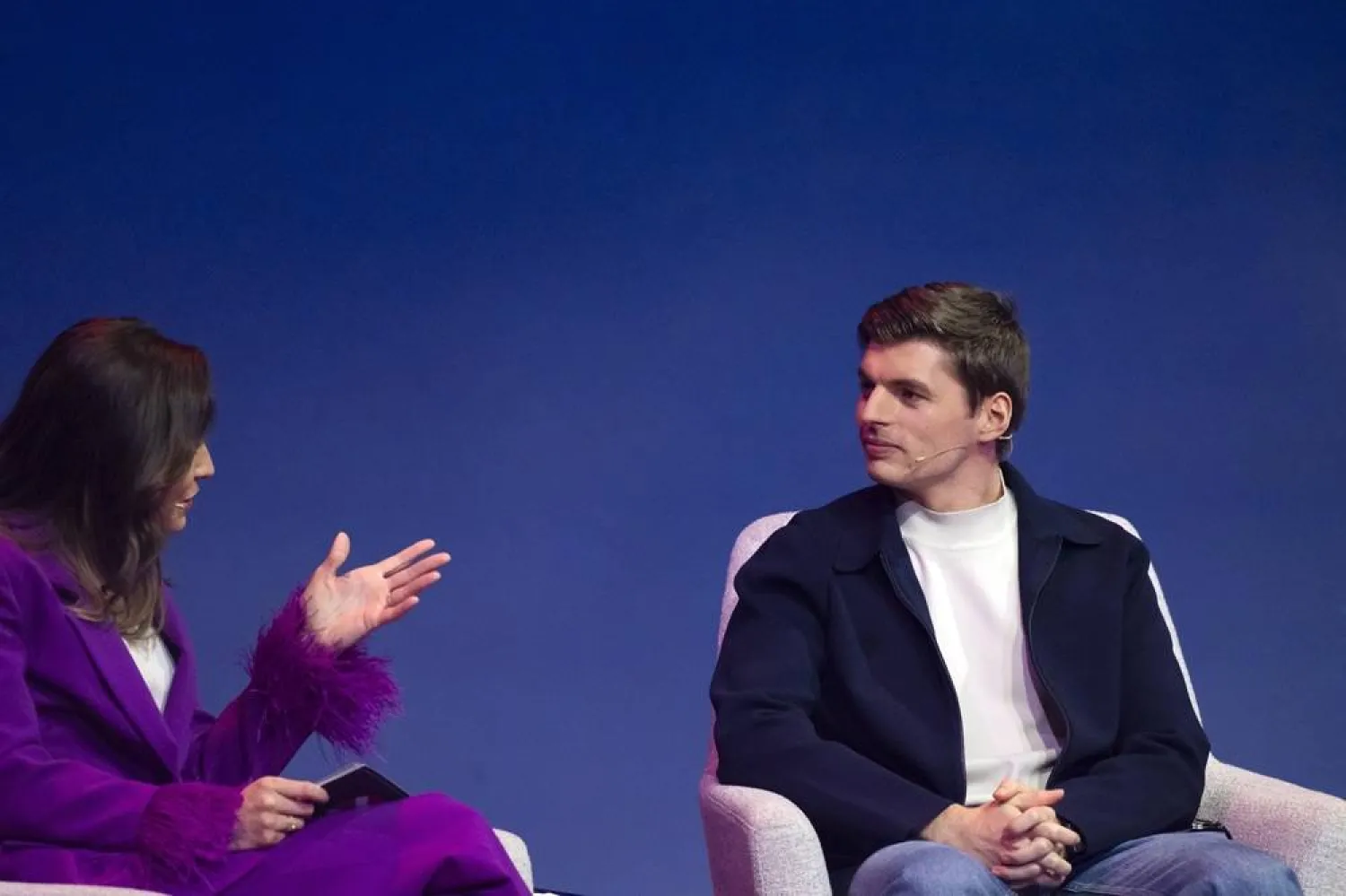 Dutch racing driver Max Verstappen answers questions during a show "An evening with Max Verstappen" in Amsterdam, Netherlands, 16 April 2026. (EPA)