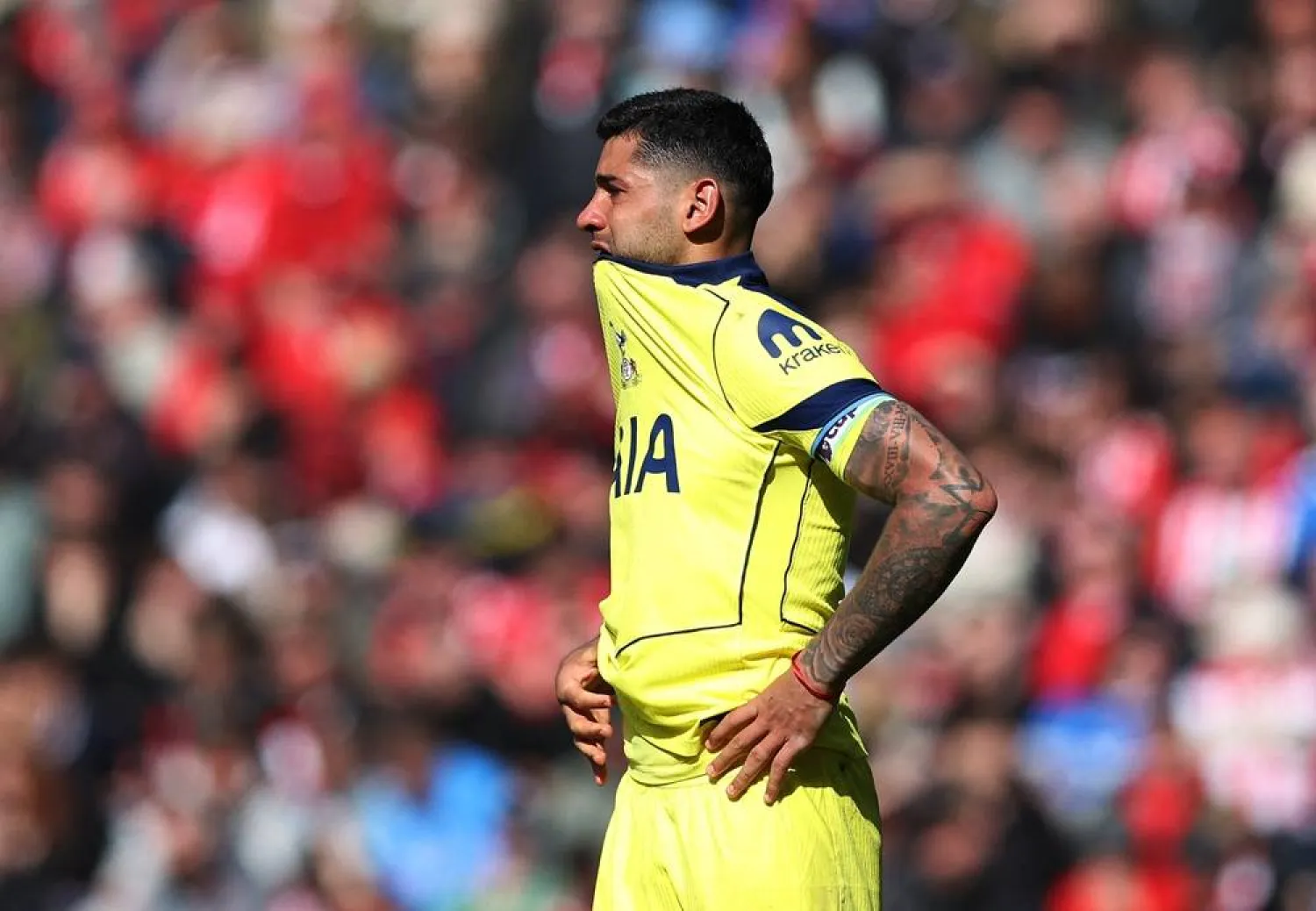 Football - Premier League - Sunderland v Tottenham Hotspur - Stadium of Light, Sunderland, Britain - April 12, 2026 Tottenham Hotspur's Cristian Romero looks dejected as he is substituted off after sustaining an injury. (Reuters) 