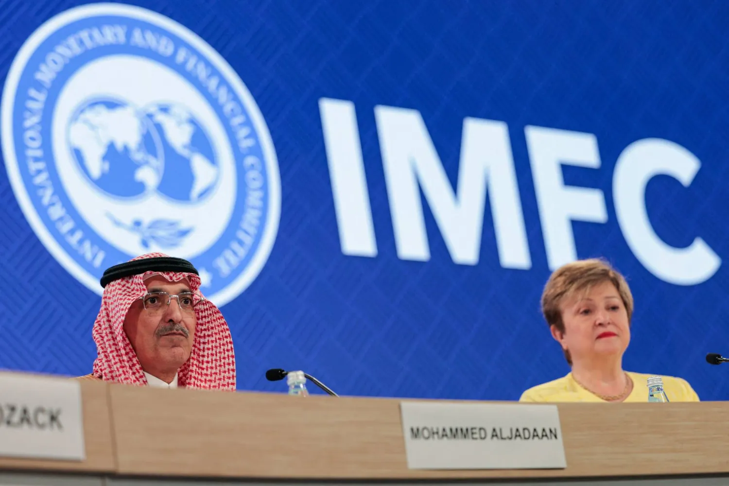 (L/R) Saudi Arabia's Finance Minister Mohammed Al-Jadaan and IMF Managing Director Kristalina Georgieva
speak during a press briefing following a meeting of the IMFC (International Monetary and Financial Committee) at the 2026 IMF and World Bank Group Spring Meetings in Washington, DC, on April 17, 2026. (Photo by Kent Nishimura / AFP)