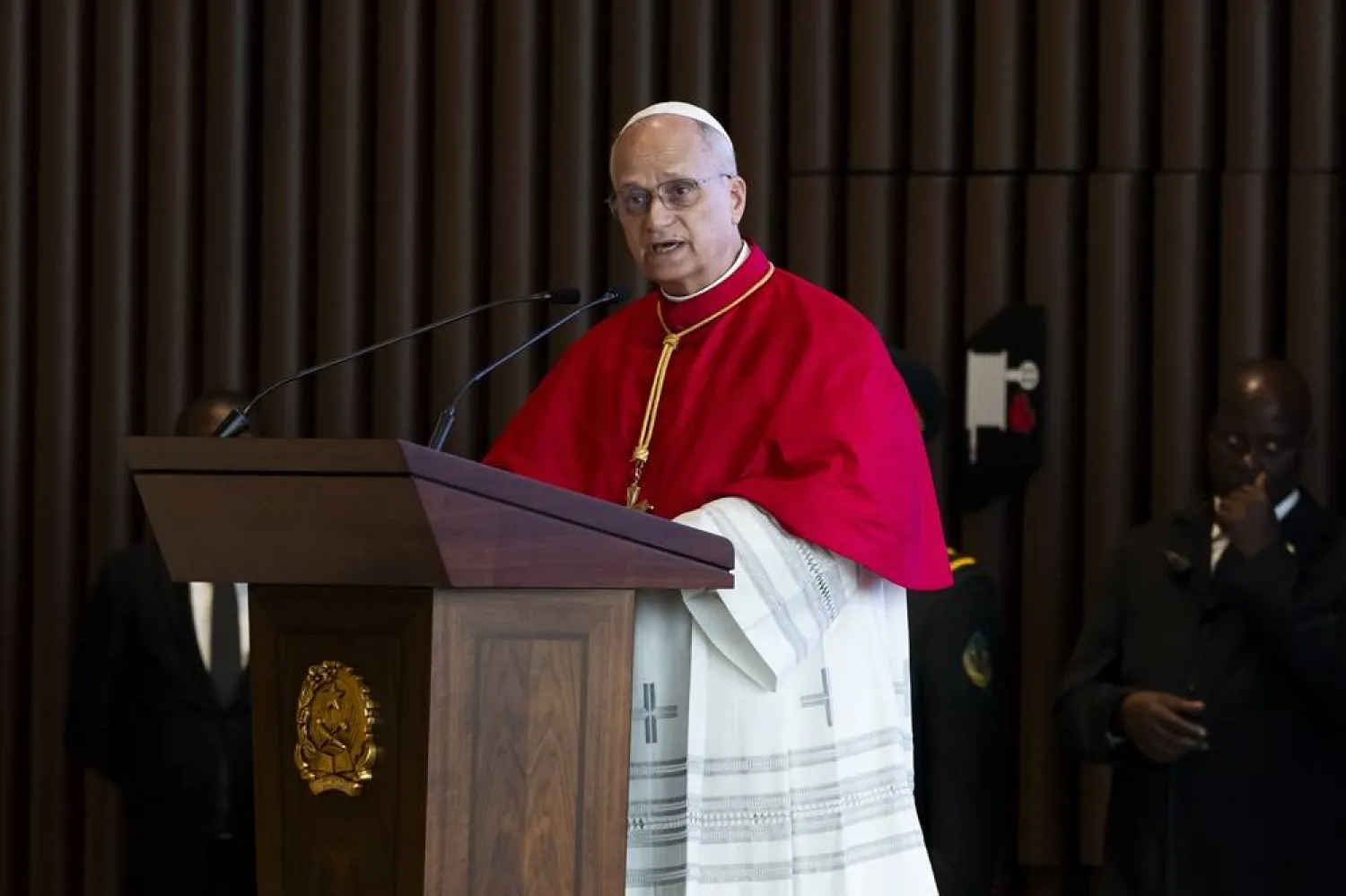 Pope Leo XIV delivers a speech during a meeting with the authorities, civil society and the diplomatic corps at the Presidential Palace in Luanda, Angola, 18 April 2026. (EPA)