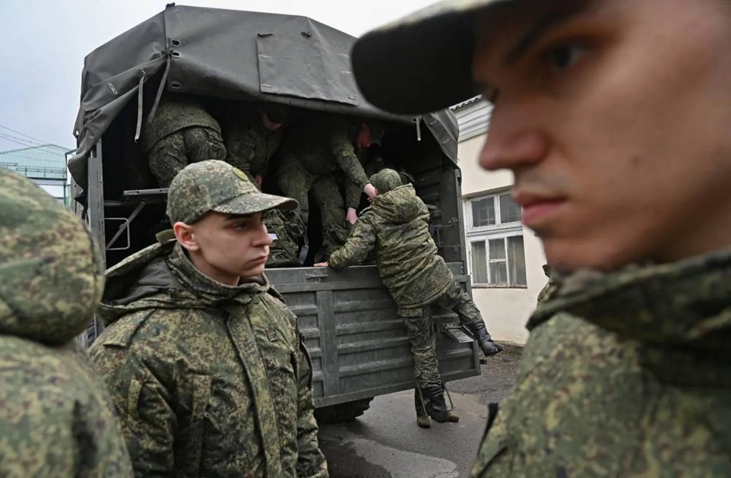 Russian conscripts called up for military service board a truck as they depart for garrisons, in Bataysk in the Rostov region, Russia April 10, 2026. (Reuters) 
