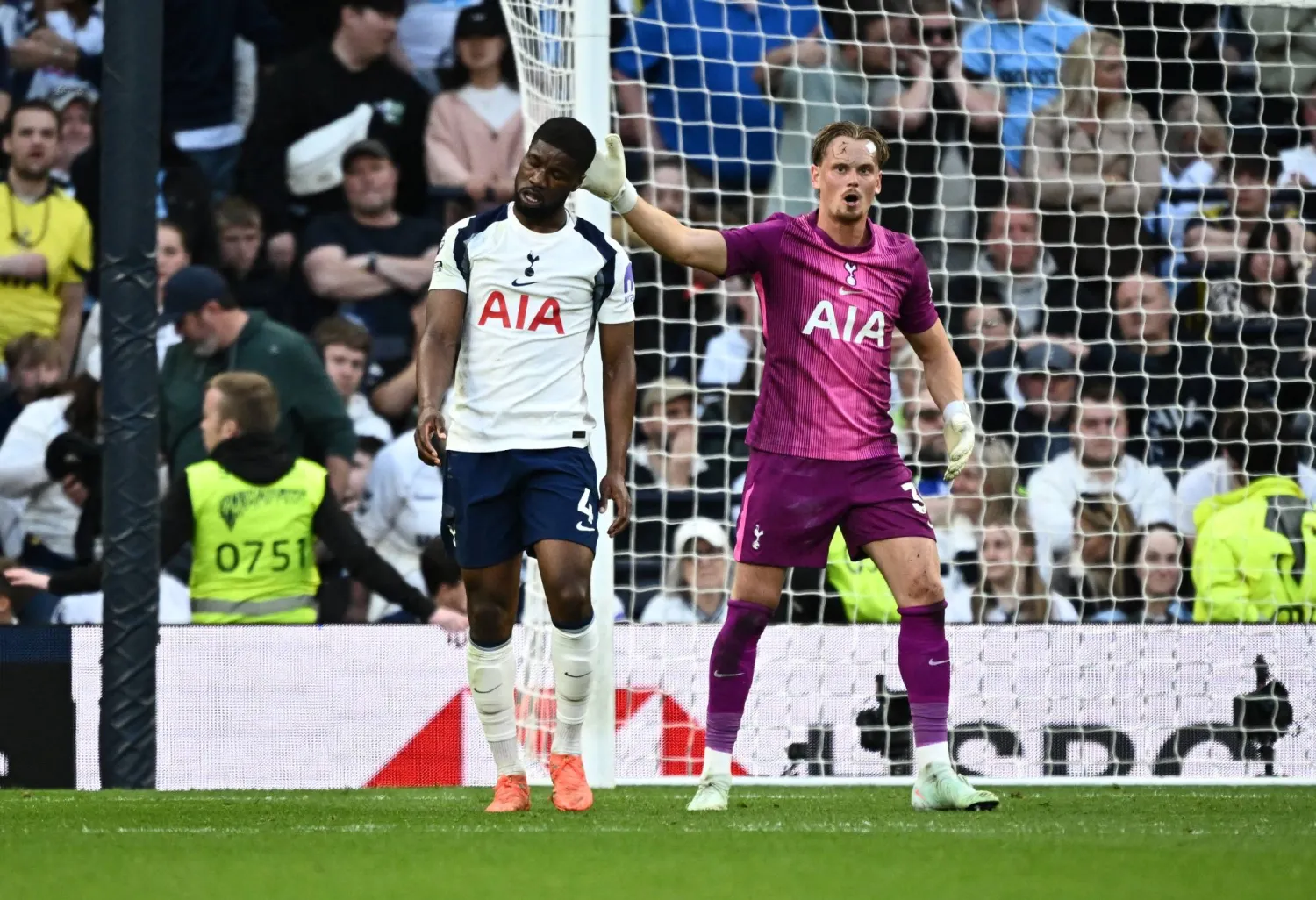 Football - Premier League - Tottenham Hotspur v Brighton & Hove Albion - Tottenham Hotspur Stadium, London, Britain - April 18, 2026 Tottenham Hotspur's Kevin Danso look dejected with Antonin Kinsky after Brighton & Hove Albion's Georginio Rutter scores their second goal. (Reuters)
