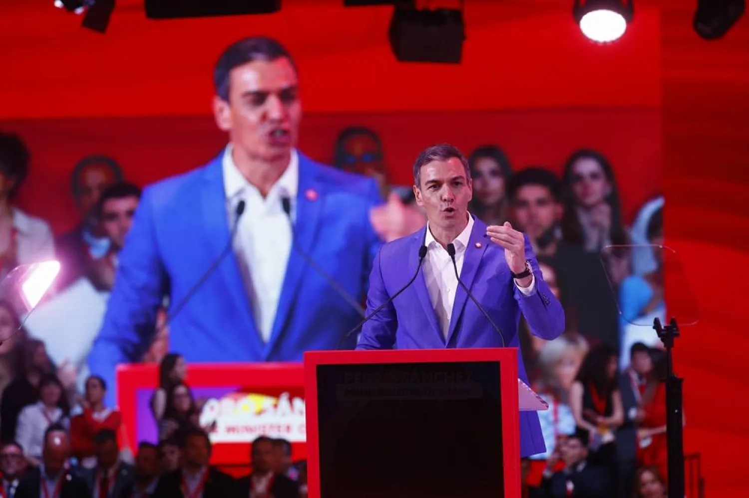 Spanish Prime Minister and President of the Socialist International Pedro Sanchez delivers a speech during the Global Progressive Mobilisation in Barcelona, Spain, 18 April 2026. (EPA)