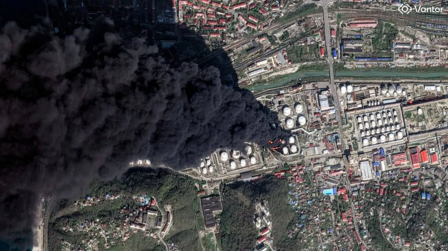 This handout satellite image courtesy of 2026 Vantor taken and made available on April 16, 2026, shows smoke rising from the Tuapse oil refinery of in Tuapse, south-western Russia. (Handout / Satellite image ｩ2026 Vantor / AFP) 