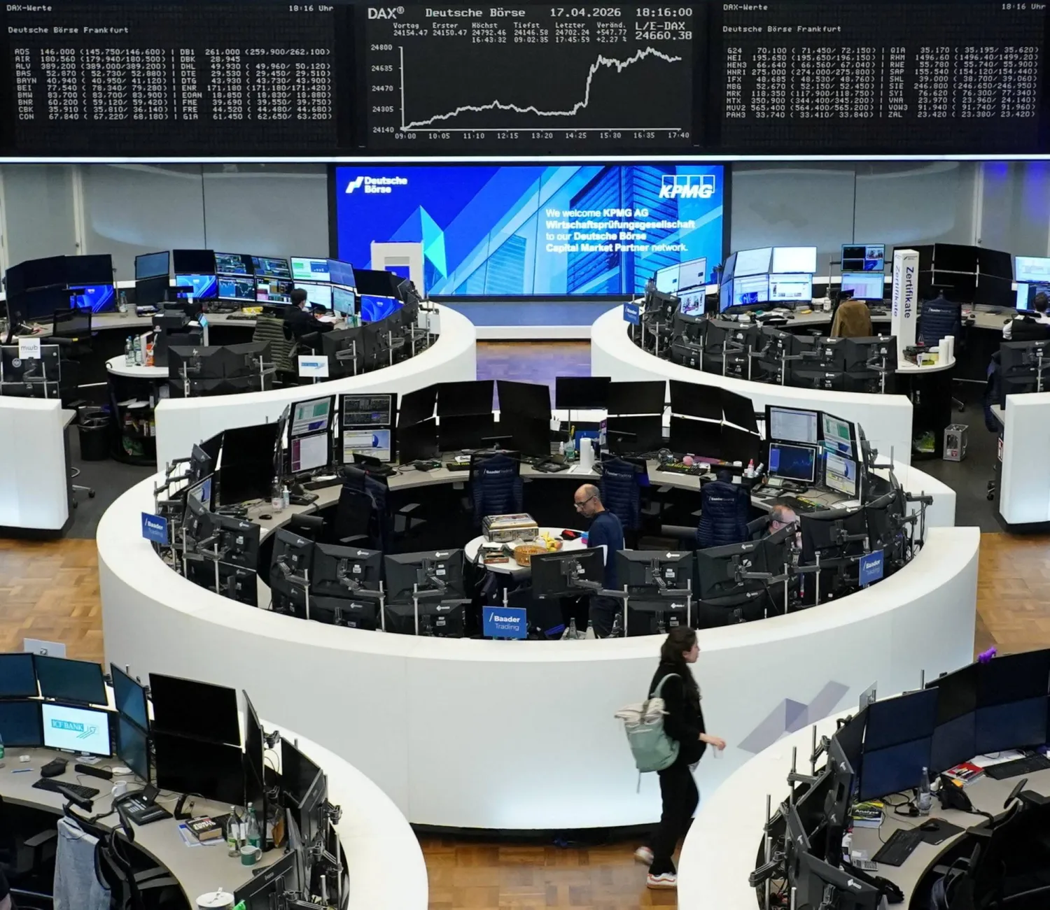  The German share price index DAX graph is pictured at the stock exchange in Frankfurt, Germany, April 17, 2026. (Reuters)
