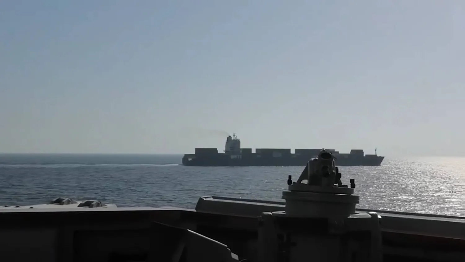 A view of Iranian-flagged cargo ship M/V Touska as the US Navy Arleigh Burke-class Aegis guided missile destroyer USS Spruance conducts its interception in a location given as the north Arabian Sea, in this screen capture from a video released April 19, 2026. (CENTCOM/Handout via Reuters)