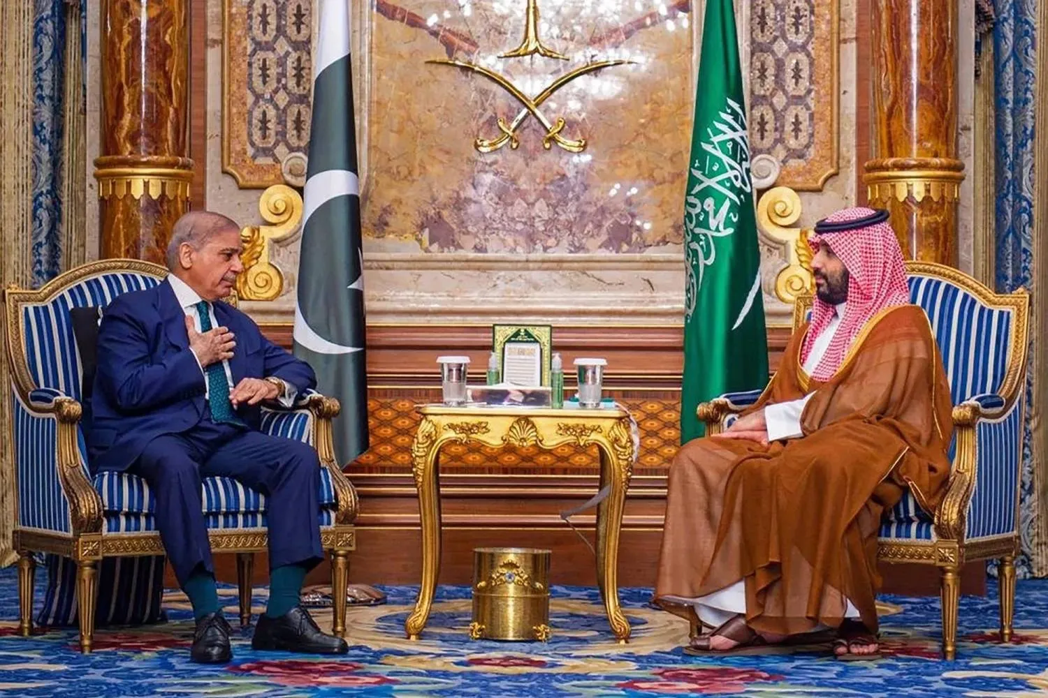 Prince Mohammed bin Salman bin Abdulaziz Al Saud, Saudi Crown Prince and Prime Minister, and Pakistani Prime Minister Shehbaz Sharif met twice in Jeddah in less than a month. (AFP) 