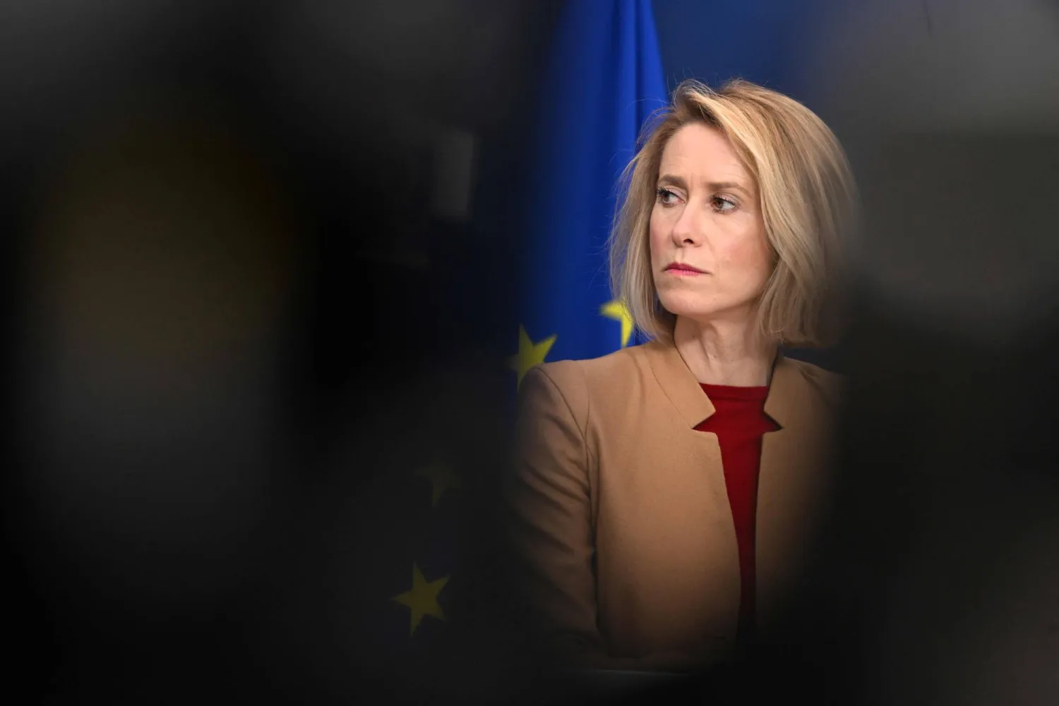 EU High Representative and Vice-President for Foreign Affairs and Security Policy Kaja Kallas listens during a joint press statement with Norwegian Minister for Foreign Affairs and Palestinian Prime Minister before a Ad Hoc Liaison Committee (AHLC) Ministerial Meeting, in Brussels on April 20, 2026. (AFP)