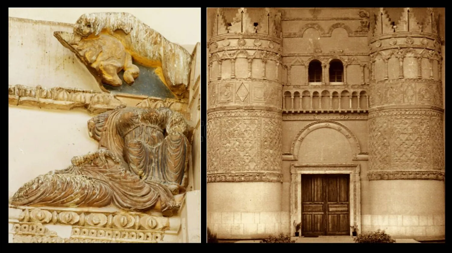 واجهة قصر الحير الغربي مع تفصيل يكشف عن بعض من عناصره التصويرية