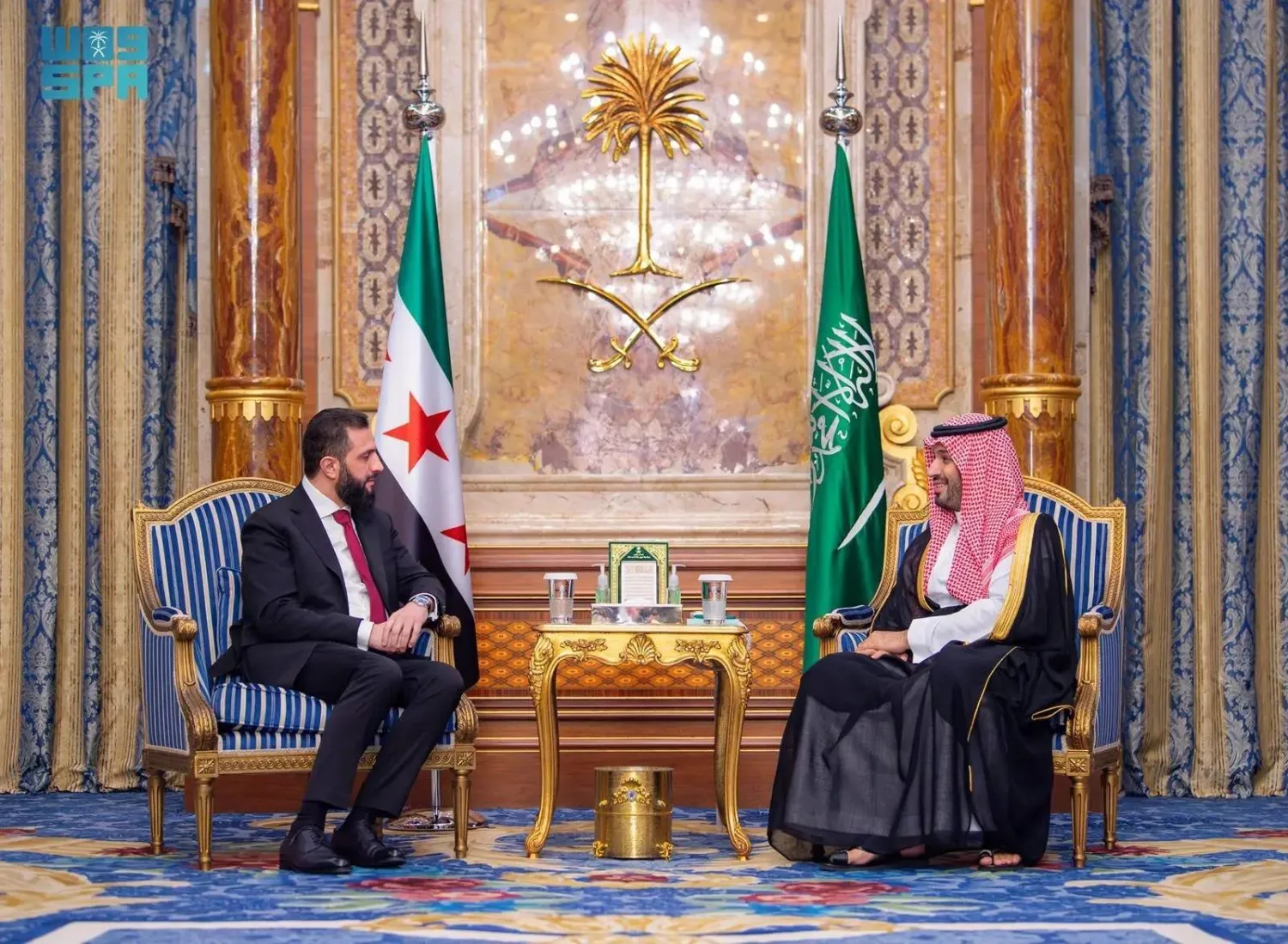 Prince Mohammed bin Salman bin Abdulaziz Al Saud, Crown Prince and Prime Minister, and Syrian President Ahmed al-Sharaa meet in Jeddah on Tuesday. (SPA) 