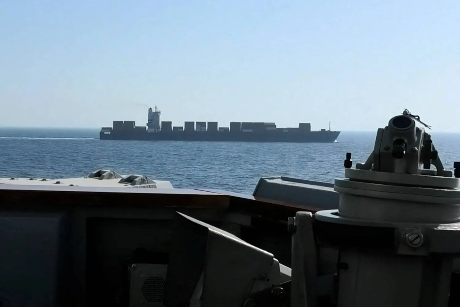 A view of Iranian-flagged cargo ship M/V Touska as the US Navy Arleigh Burke-class Aegis guided missile destroyer USS Spruance conducts its interception in a location given as the north Arabian Sea, in this screen capture from a video released April 19, 2026. (CENTCOM/Handout via Reuters)