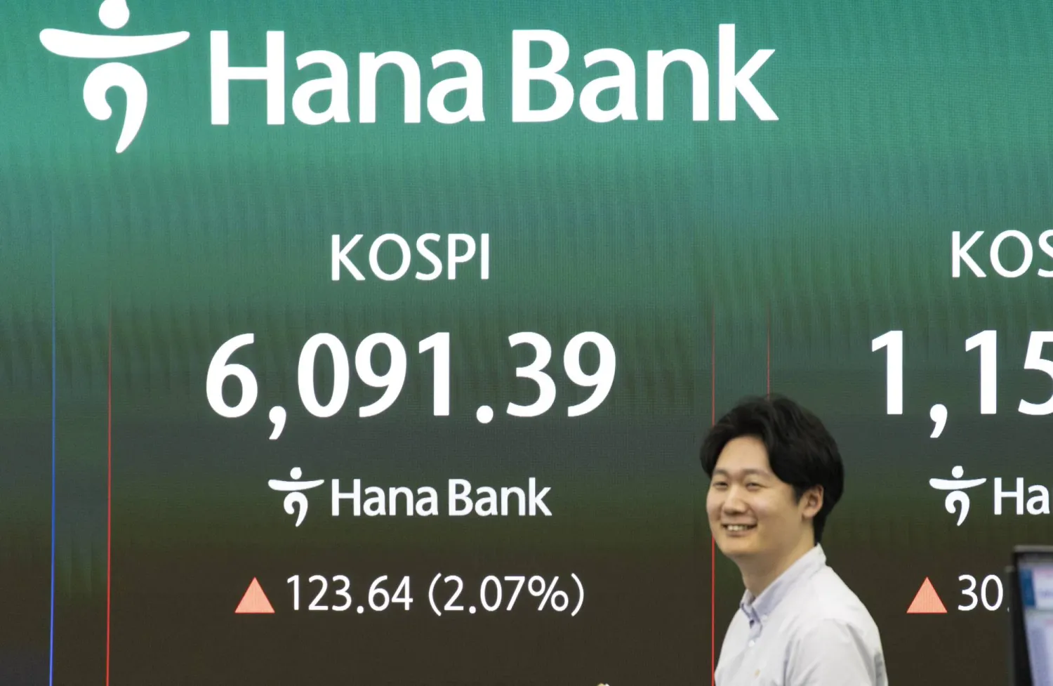 متداول كوري جنوبي يعمل أمام شاشة بيانات مالية ببنك هانا في سيول (إ.ب.أ)