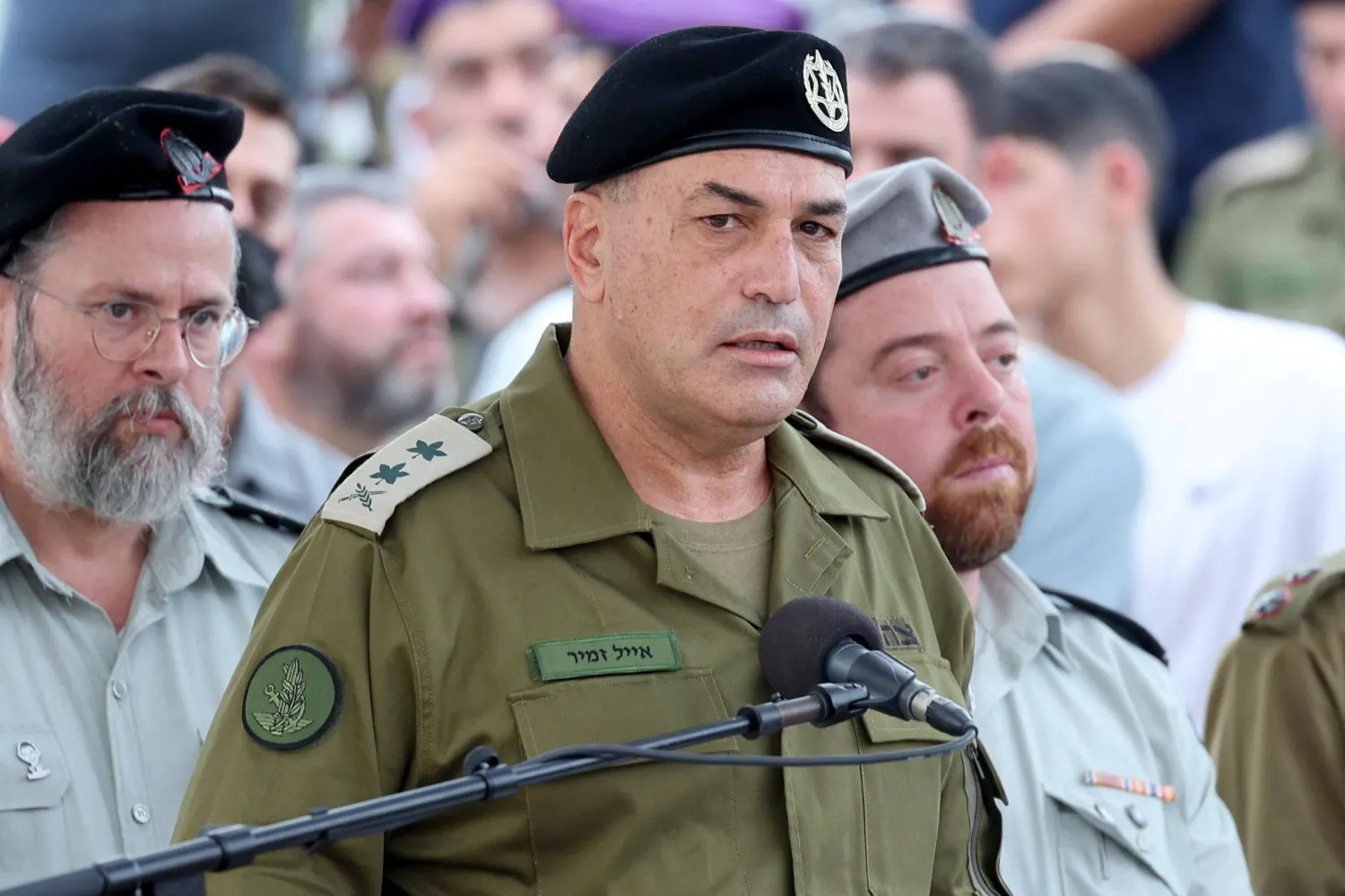 Israel's military chief Lieutenant General Eyal Zamir speaks during the funeral of Lieutenant Hadar Goldin who was killed during the six-week 2014 war in Gaza, in a military cemetery in Kfar Saba on November 11, 2025. (Photo by Abir SULTAN / POOL / AFP)