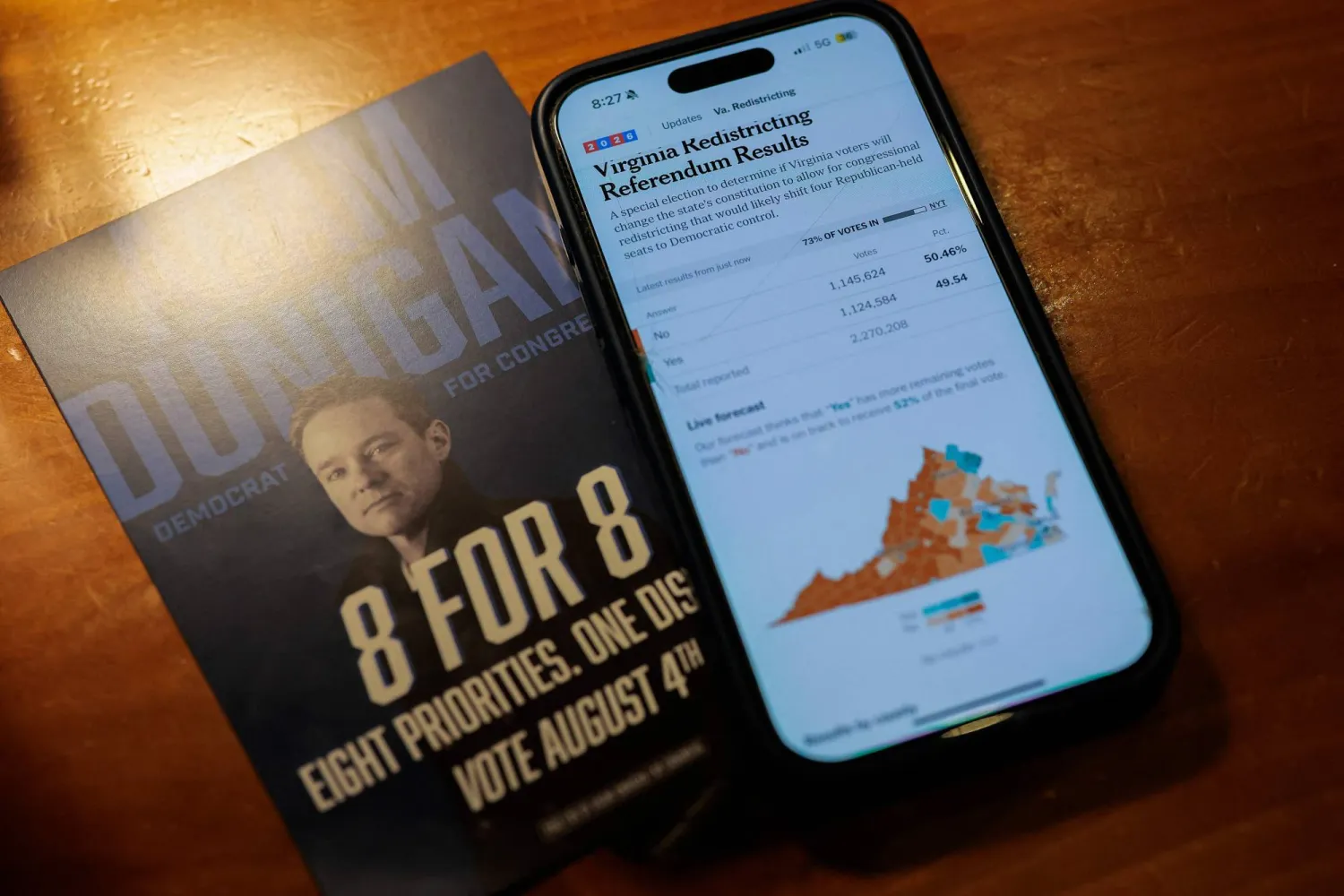 شاشة هاتف أحد السكان المحليين وفيها تحديثات حول التصويت على إعادة تقسيم الدوائر الانتخابية في فيرجينيا (أ.ف.ب)