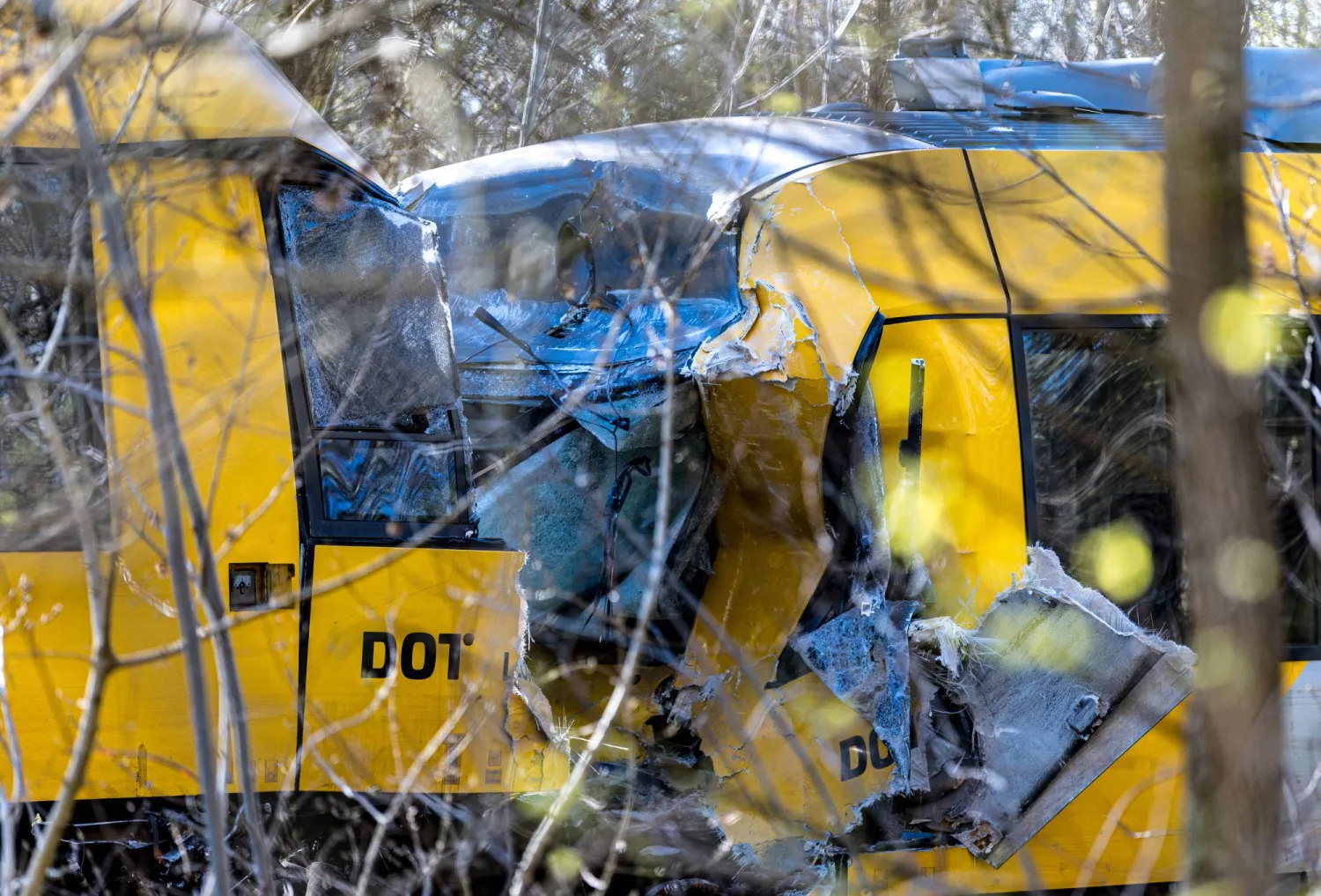Damages at the accident scene after two trains collided between Hillerod and Kagerup at Isteroedvejen, Denmark, 23 April 2026. EPA/STEVEN KNAP