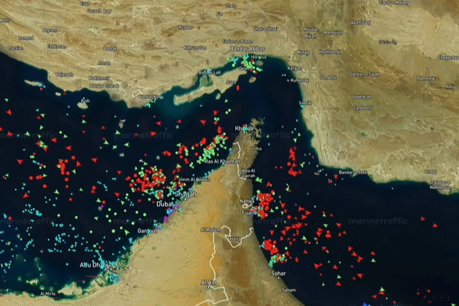This screen grab taken from a screen recording of the MarineTraffic website on April 21, 2026, shows data visualisation of maritime traffic in the Gulf, Strait of Hormuz and Gulf of Oman from April 18 to April 20, amid a fragile US-Iran truce. Photo by MARINETRAFFIC.COM / AFP