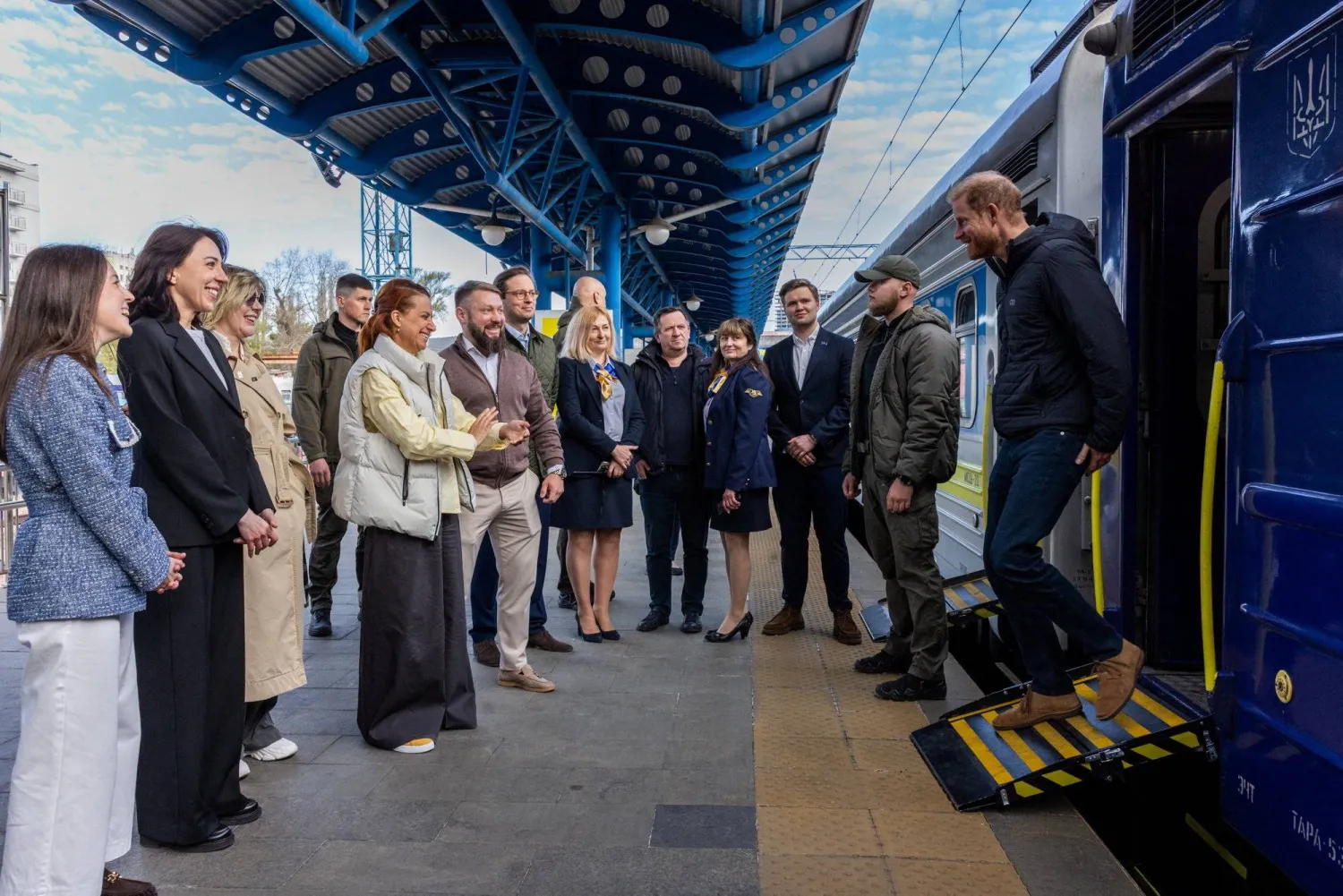 Britain's Prince Harry steps off a train as he arrives, amid Russia's attack on Ukraine, at the railway station in Kyiv, Ukraine, April 23, 2026.  - Reuters