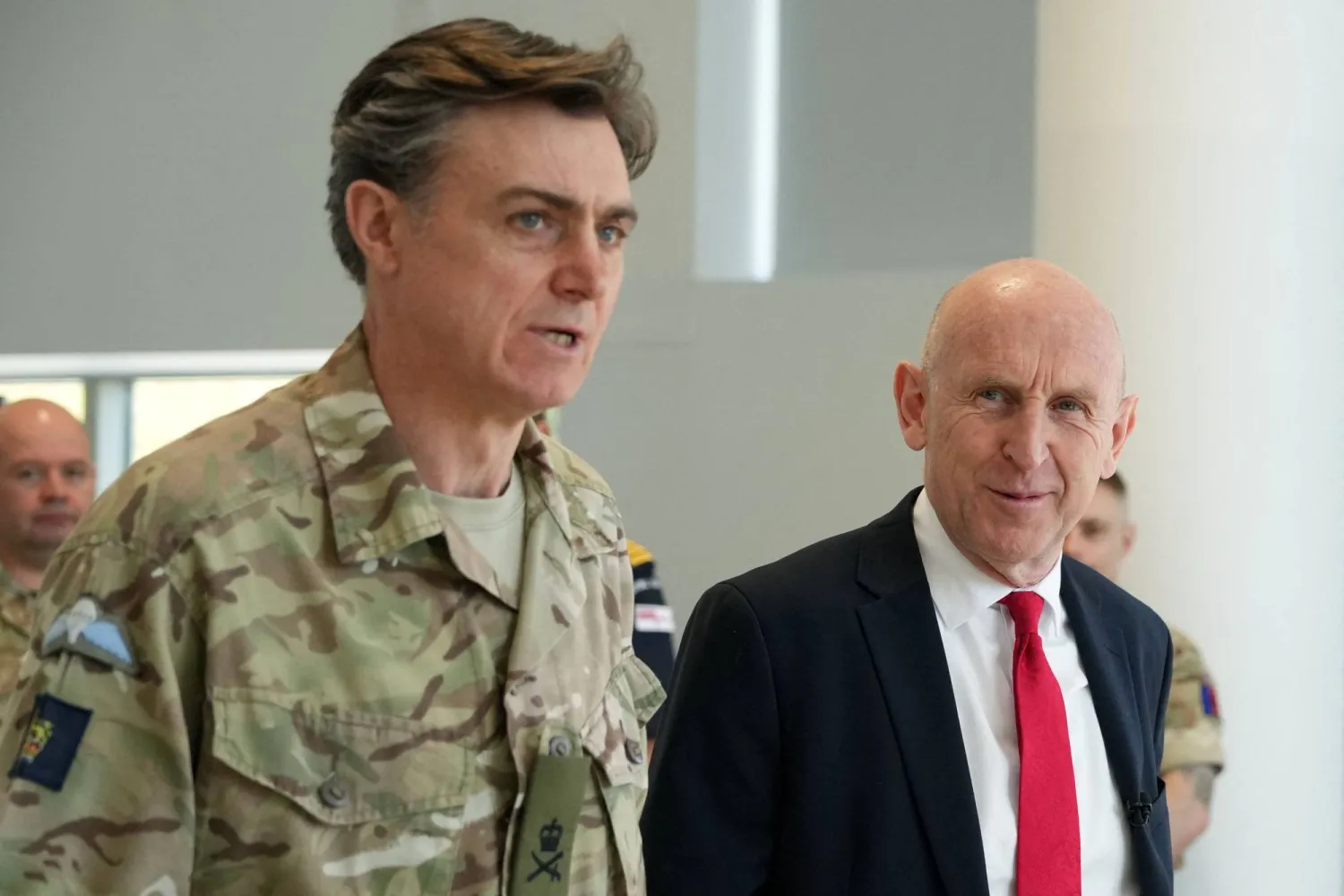 Britain's Defense Secretary John Healey (R) and Chief of Joint Operations (CJO) Lieutenant General Nick Perry attend a 'Strait of Hormuz Military Planning Conference' at the Permanent Joint Headquarters at Northwood, north-west London on April 23, 2026. (Photo by Alastair Grant / POOL / AFP)