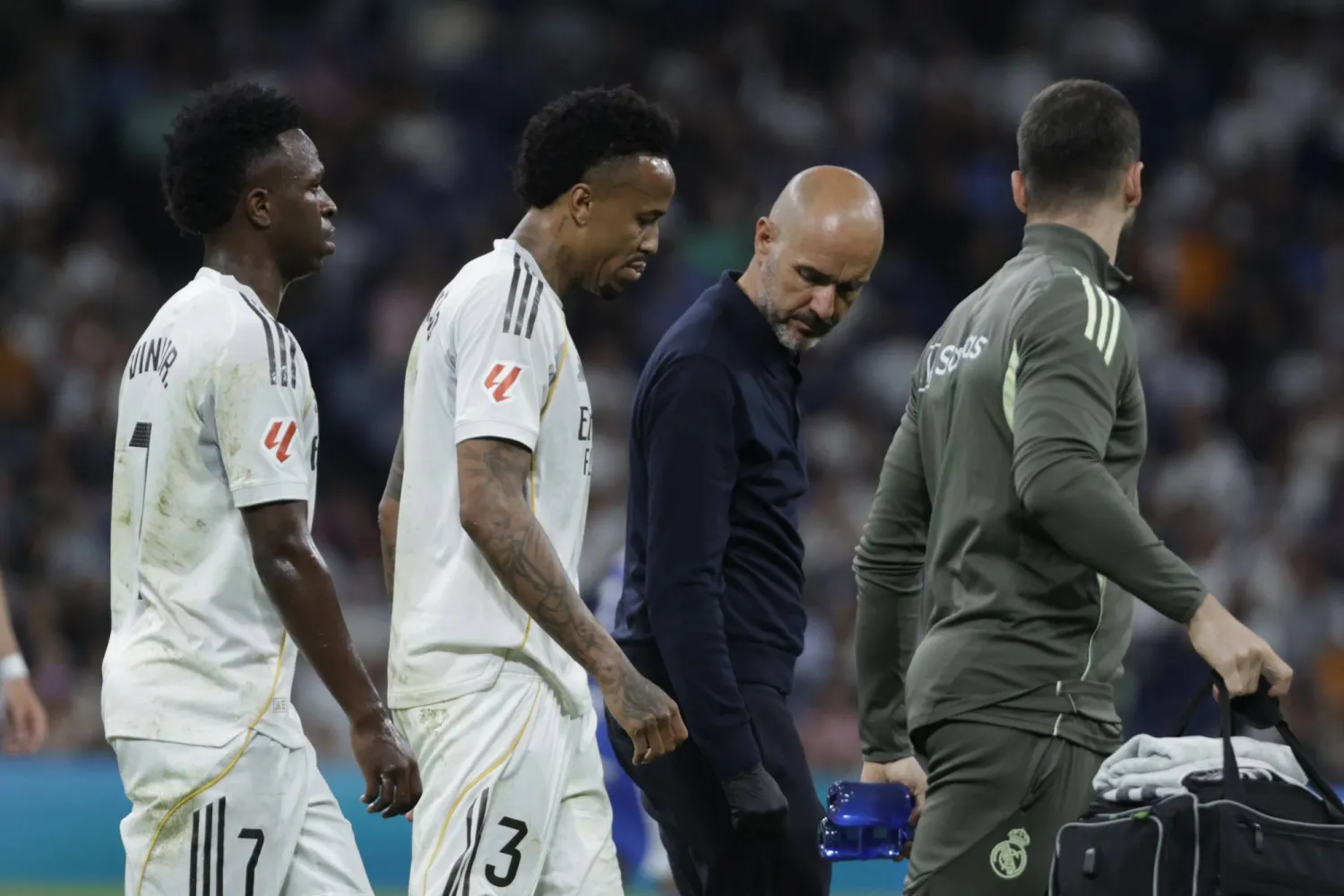 Real Madrid defender Eder Militao (C) leaves the pitch during the Spanish LaLiga soccer match between Real Madrid and Deportivo Alaves at the Santiago Bernabeu Stadium in Madrid, Spain, 21 April 2026. (EPA)