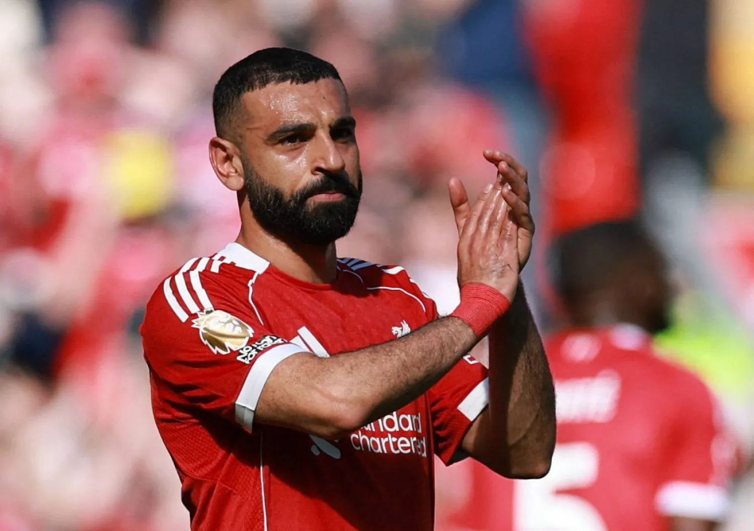 Football - Premier League - Liverpool v Crystal Palace - Anfield, Liverpool, Britain - April 25, 2026 Liverpool's Mohamed Salah applauds fans as he walks off the pitch after being substituted. (Reuters)