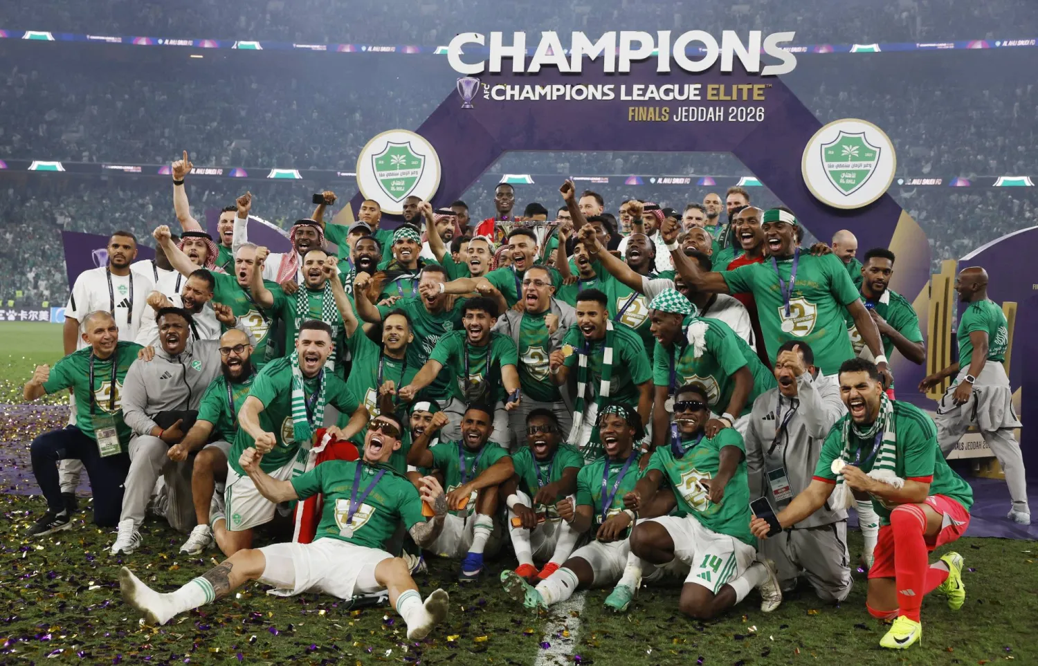 Soccer Football - Asian Champions League - Final - Al Ahli v Machida Zelvia - King Abdullah Sports City Stadium, Jeddah, Saudi Arabia - April 25, 2026 Al Ahli players celebrate after winning the Asian Champions League REUTERS/Ibraheem Abu Mustafa