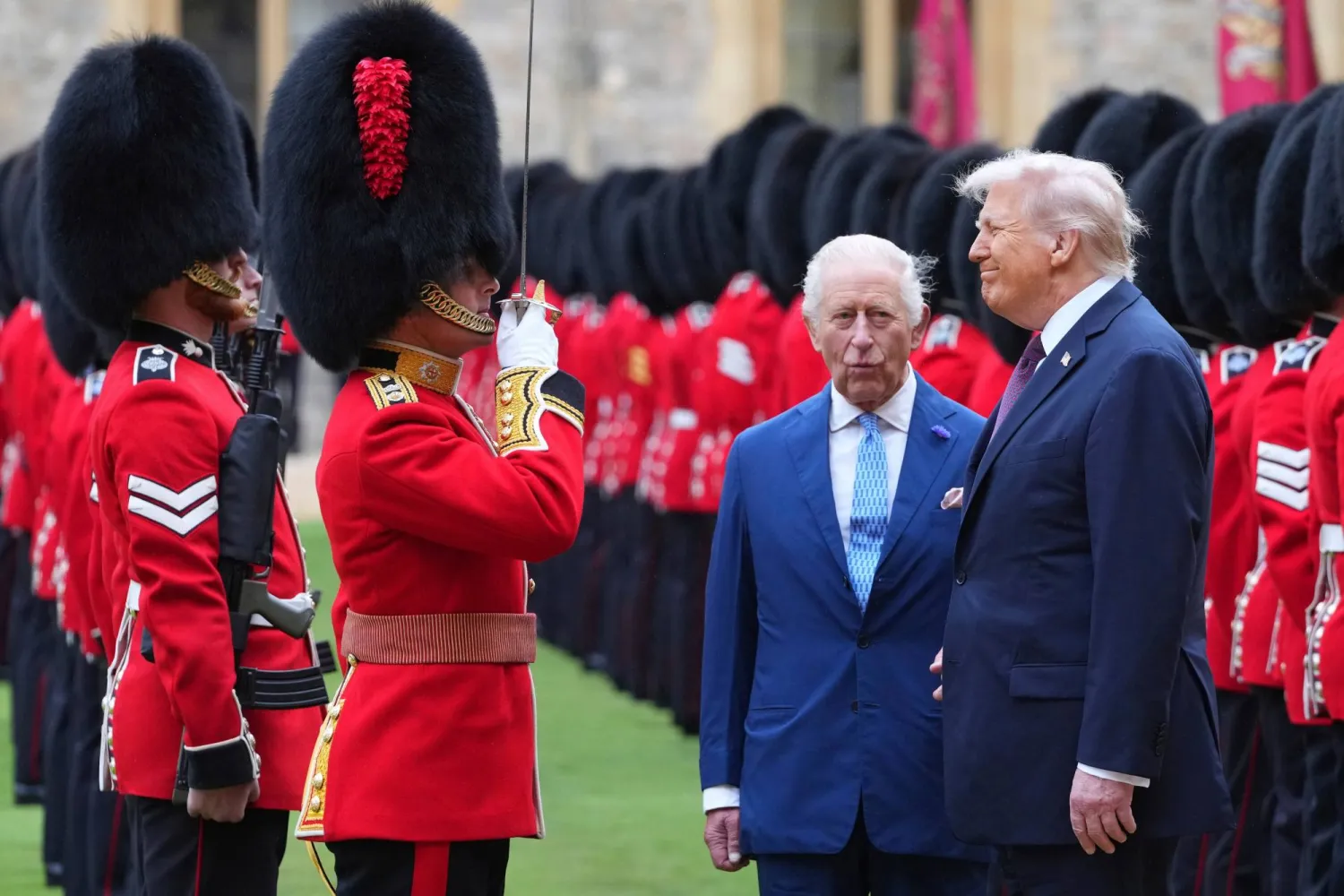 President Donald Trump and Britain's King Charles III review the Guard of Honor after the arrival at Windsor Castle in Windsor, England, Wednesday, Sept. 17, 2025.(AP)