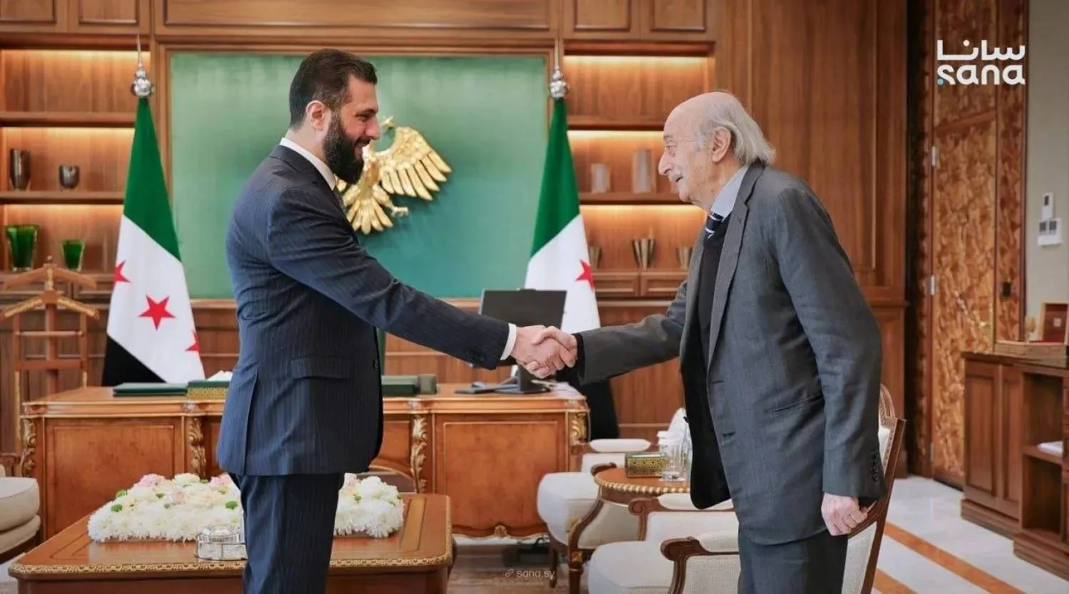 Syrian President Ahmed al-Sharaa and Lebanese Druze leader Walid Jumblatt meet in Damascus on Saturday. (SANA)