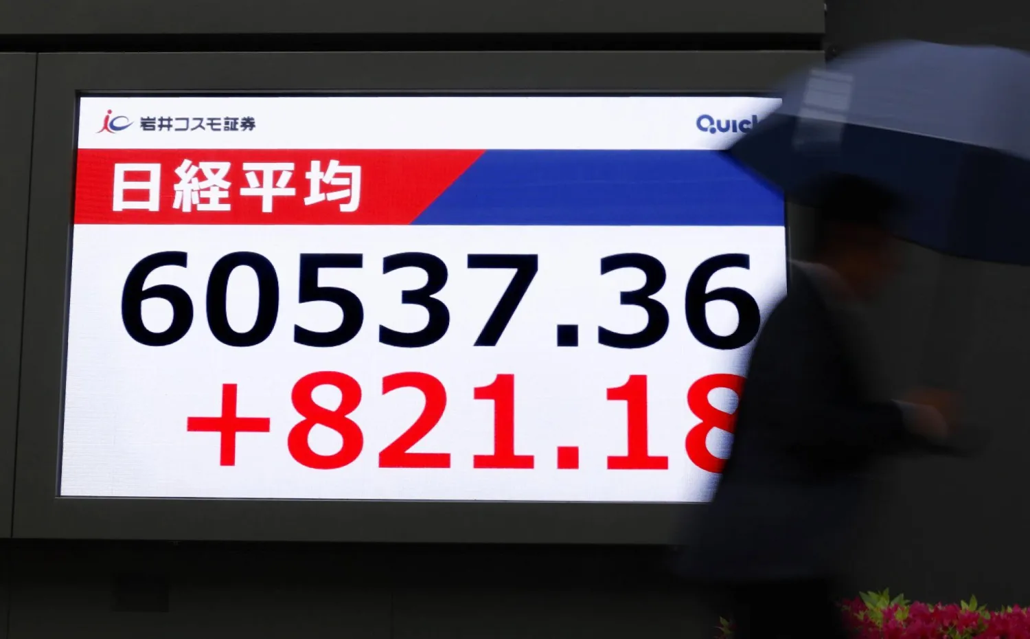 شاشة تعرض حركة الأسهم في بورصة اليابان في أحد شوارع العاصمة طوكيو (أ.ب)