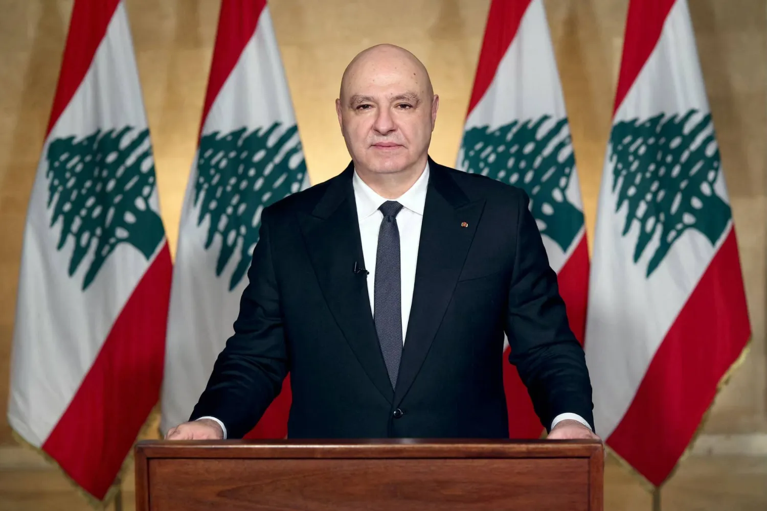 A photograph released by the Lebanese Presidency on April 17, 2026, shows Lebanon's President Joseph Aoun delivering a televised address to the Lebanese people from the Baabda Presidential Palace, east of the capital Beirut.  (Photo by Lebanese Presidency / AFP) 