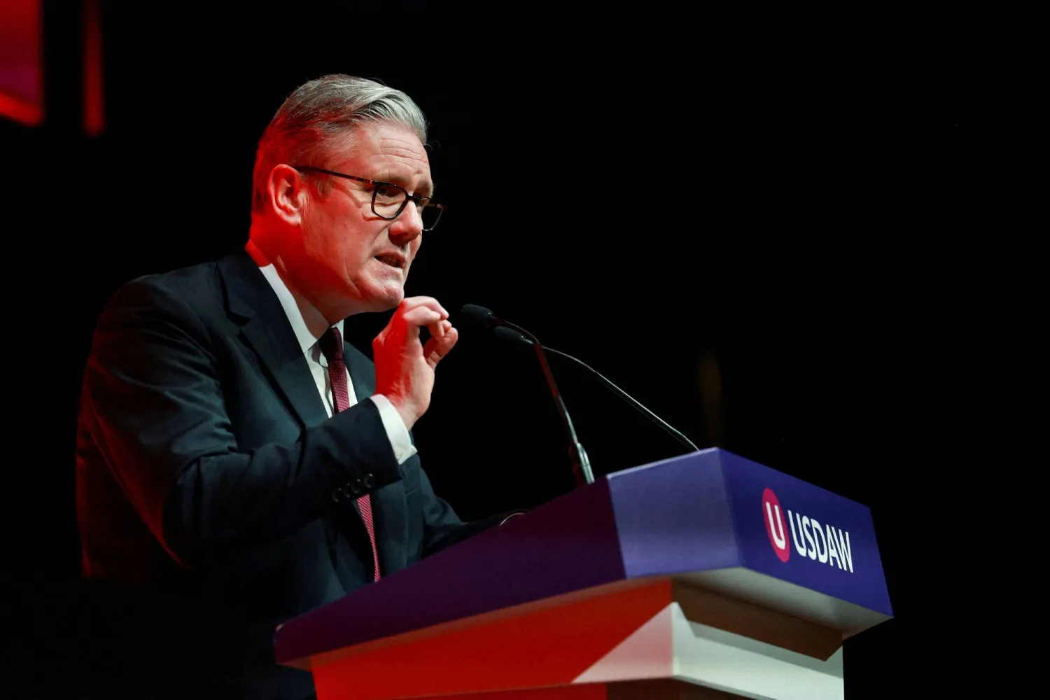 British Prime Minister Keir Starmer delivers a speech at the Union of Shop, Distributive and Allied Workers (USDAW) Annual Delegate Meeting at the Winter Gardens Blackpool, in Blackpool, Britain, April 27, 2026. (Reuters)