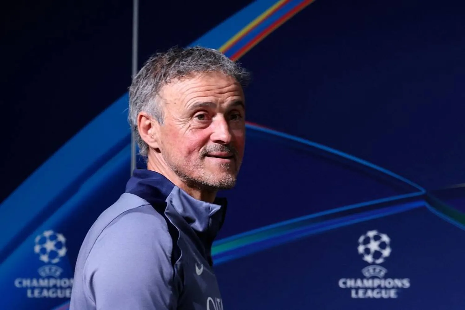 Paris Saint-Germain's Spanish head coach Luis Enrique arrives for a press conference of French football club Paris Saint-Germain a day ahead of their UEFA Champions League semi-final match against German club FC Bayern Munich at the PSG Campus in Poissy, north-west of Paris, on April 27, 2026. (AFP) 