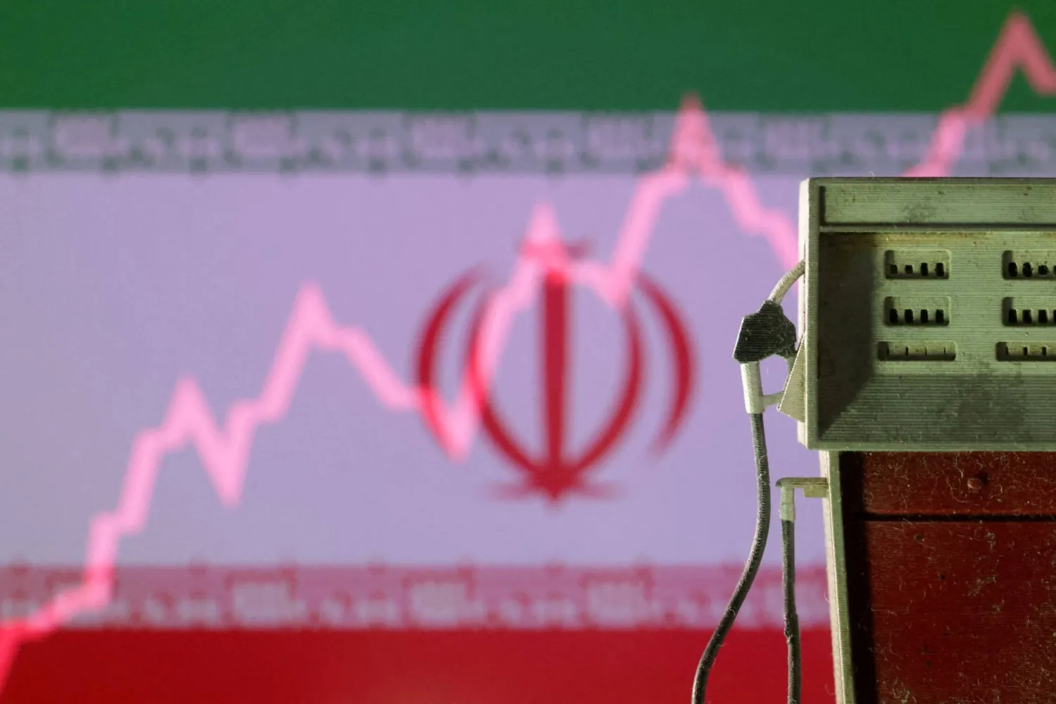 FILE PHOTO: Iranian flag overlayed with a rising stock graph and 3D printed gas pump miniature are seen in this illustration taken June 23, 2025. REUTERS/Dado Ruvic/Illustration/File Photo