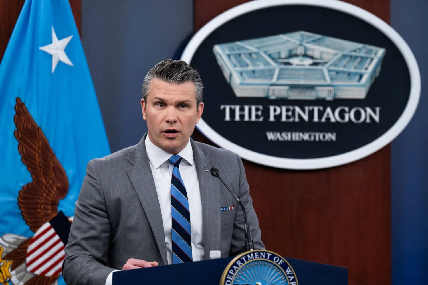 US Defense Secretary Pete Hegseth speaks at a press briefing at the Pentagon in Washington, DC, on April 24, 2026. (Photo by Annabelle GORDON / AFP)