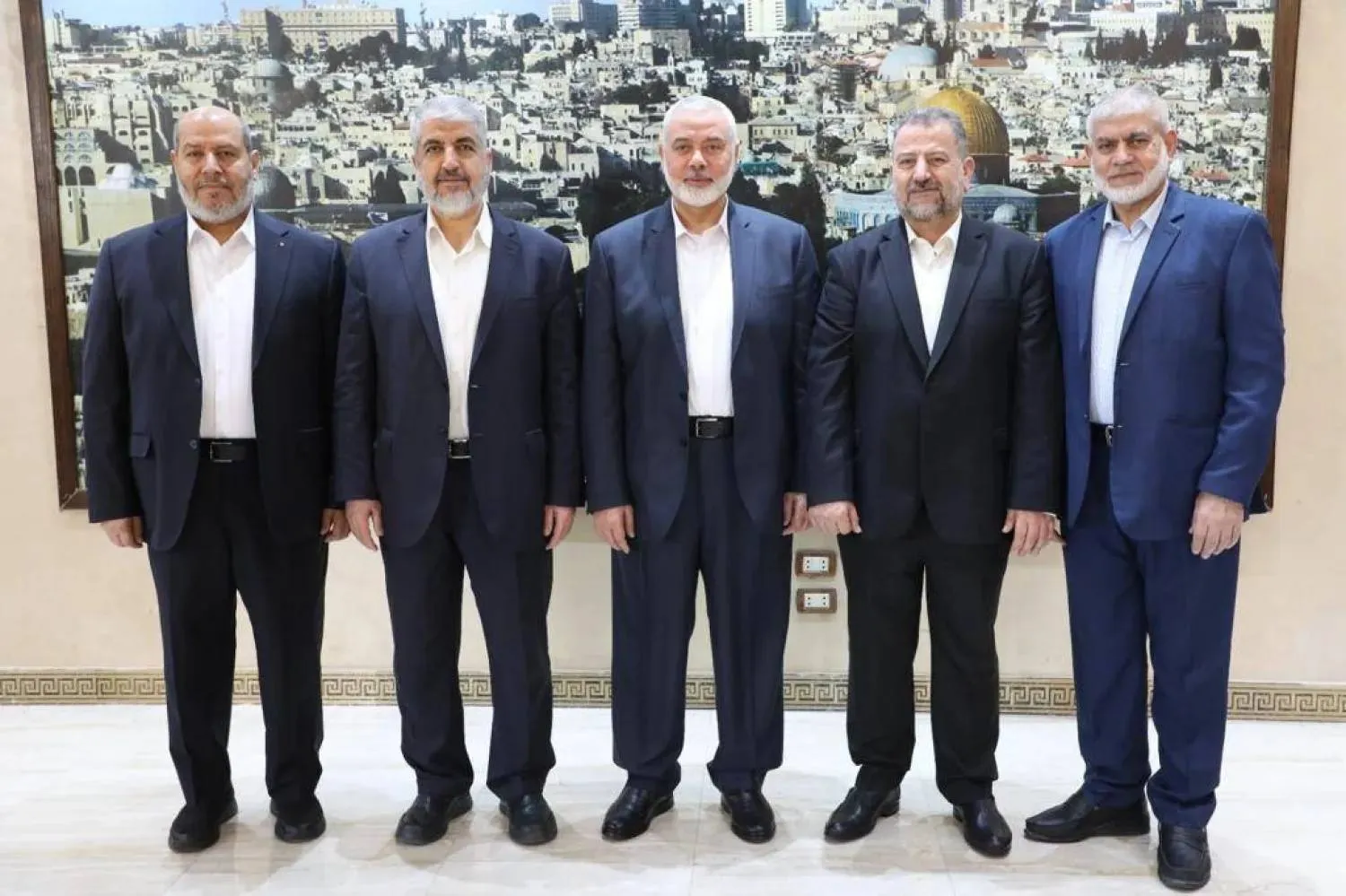 Hamas leaders, from right: Rawhi Mushtaha, Saleh al-Arouri and Ismail Haniyeh, all of whom were assassinated, and Khaled Meshaal and Khalil al-Hayya (file photo, Hamas media)