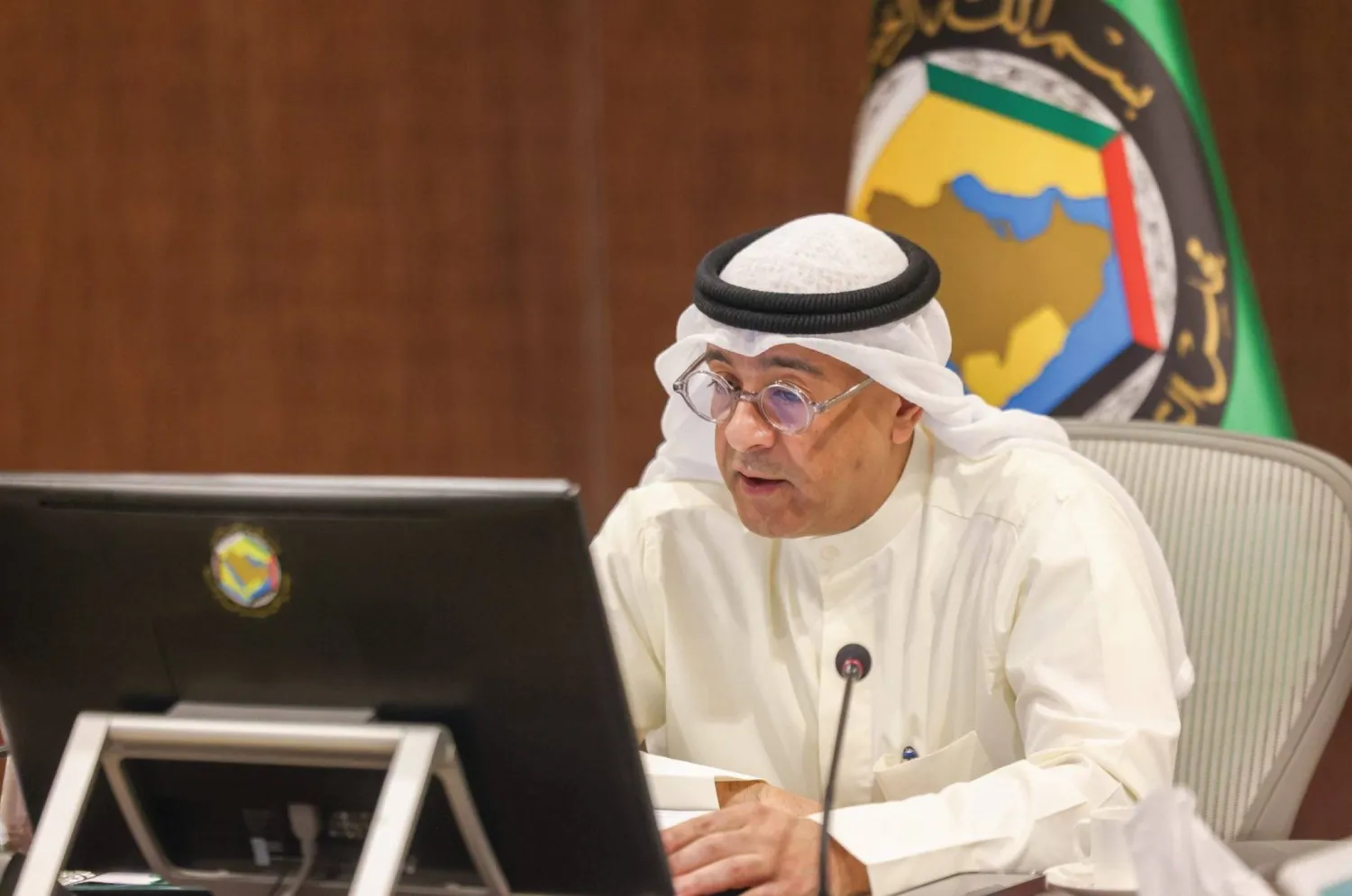 الأمين العام جاسم البديوي خلال كلمته في اجتماع وزراء التجارة الخليجيين الخميس (مجلس التعاون)