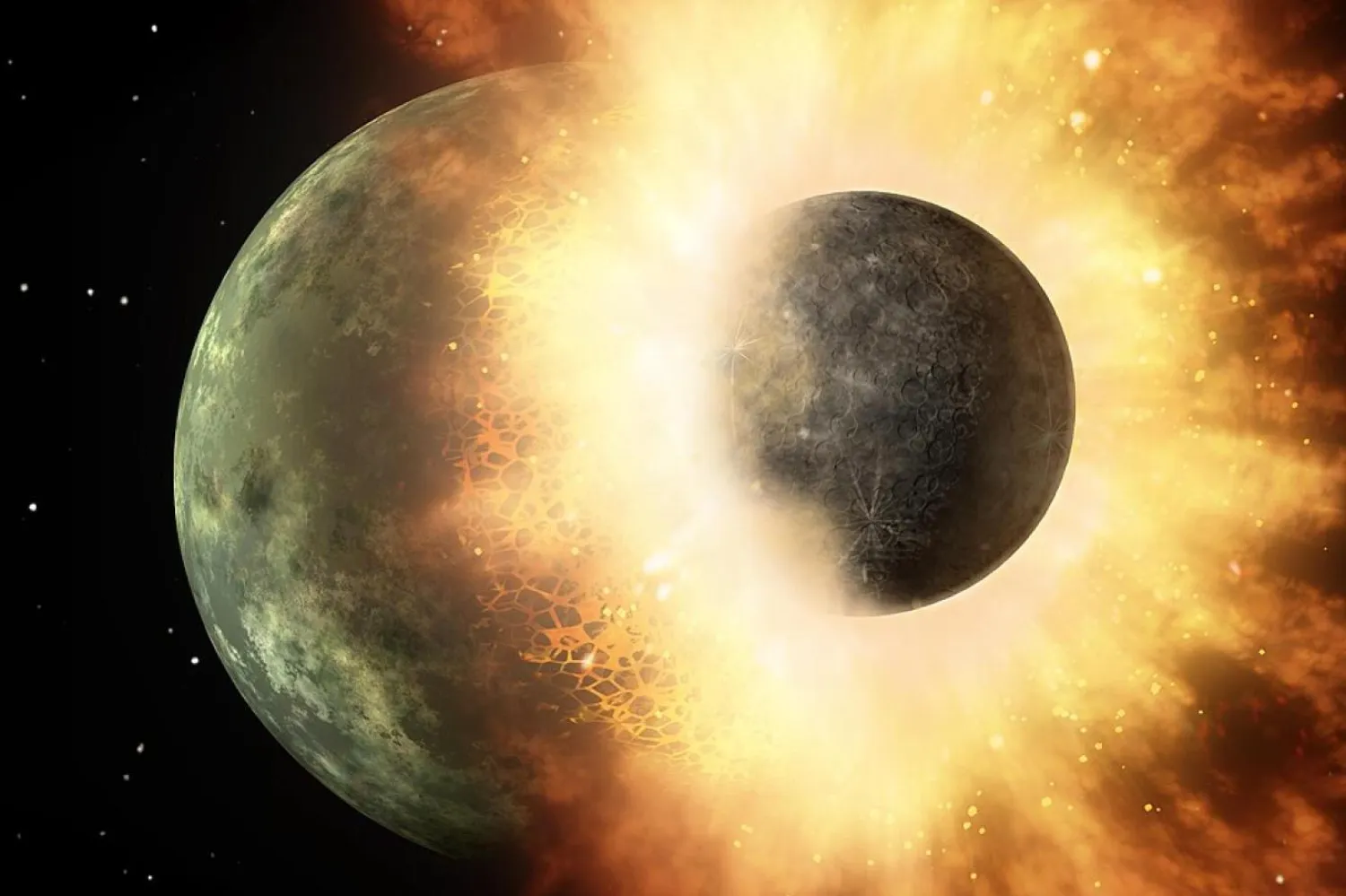 İki gezegensel cismin çarpışmasını gösteren sanatçı tasviri (NASA/JPL Caltech)