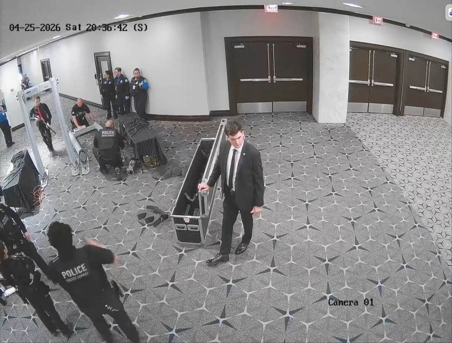 White House Correspondents' Association Dinner shooting suspect Cole Tomas Allen sprints past security personnel in a screengrab form security camera video, at Washington Hilton Hotel, Washington DC, US, April 25, 2026. (US Attorney Jeanine Pirro via X/Handout via Reuters)