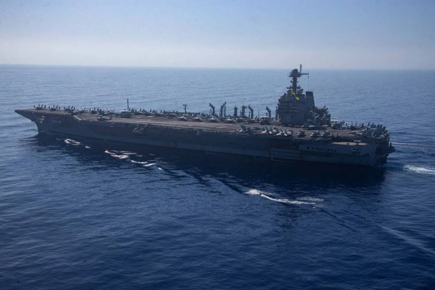  The USS Gerald R. Ford in the waters of the Eastern Mediterranean, Oct. 11, 2023. (Jacob Mattingly/US Department of Defense/AFP) 