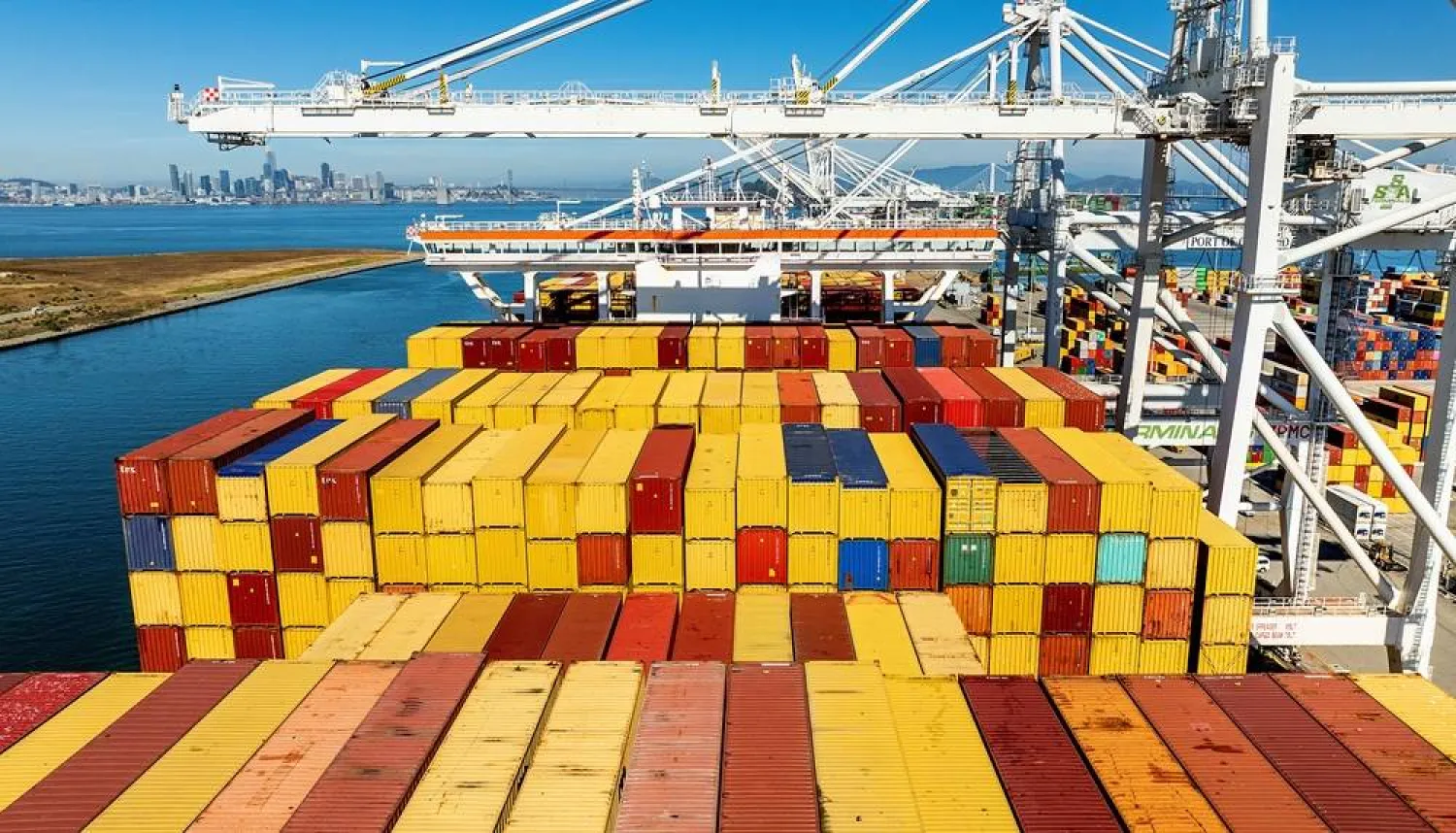 Cargo containers line a ship at the Port of Oakland on Wednesday, Aug. 6, 2025, in Oakland, Calif. (AP)