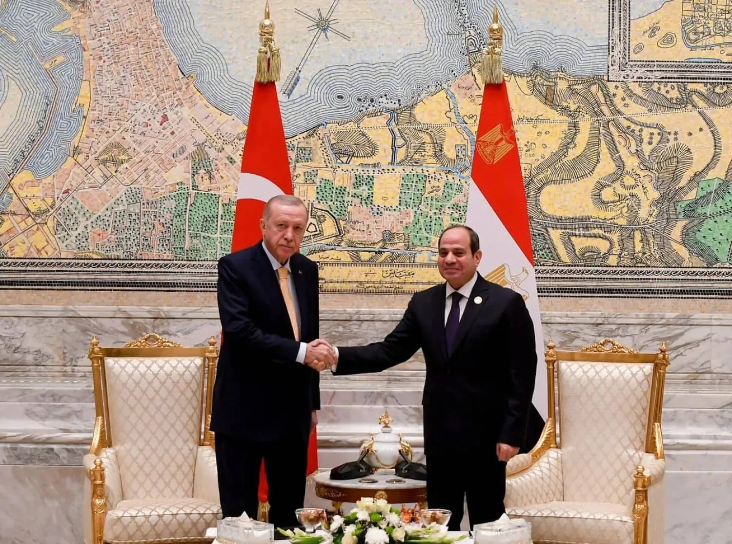 Egyptian Abdel Fattah al-Sisi meets Turkish Recep Tayyip Erdogan on the sidelines of the D-8 Organization for Economic Cooperation summit in Egypt’s New Administrative Capital in December 2024. (Egyptian Presidency) 