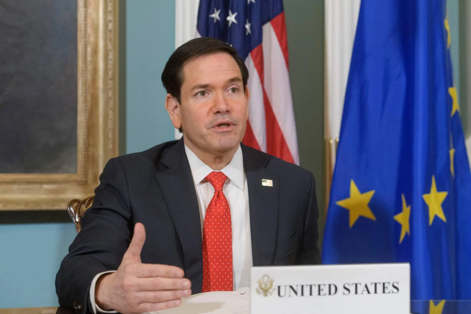 Secretary of State Marco Rubio, speaks during a Memorandum of Understanding signing ceremony with EU Commissioner for Trade and Economic Security Maros Sefcovic, at the State Department, Friday, April 24, 2026, in Washington. (AP Photo/Rod Lamkey, Jr.)