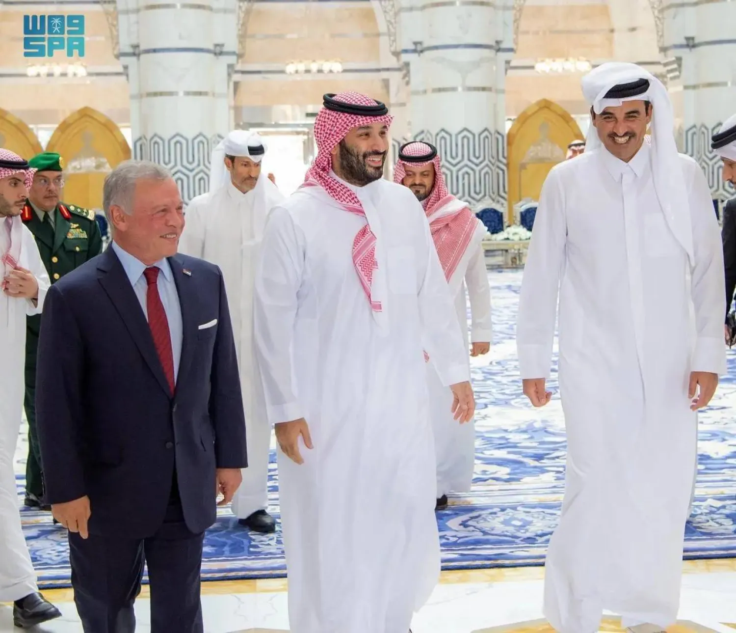 لقاء ثلاثي جمع ولي العهد السعودي وأمير قطر والعاهل الأردني في جدة أواخر مارس الماضي (واس)