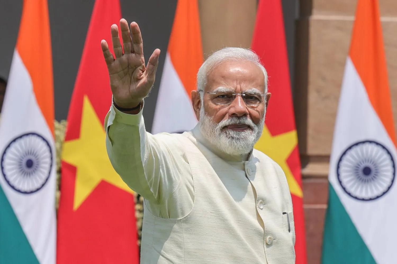 Prime minister of India Narendra Modi leaves after the hand shake photo with President of Vietnam To Lam prior to a meeting at Hyderabad House in New Delhi, India, 06 May 2026. EPA/RAJAT GUPTA