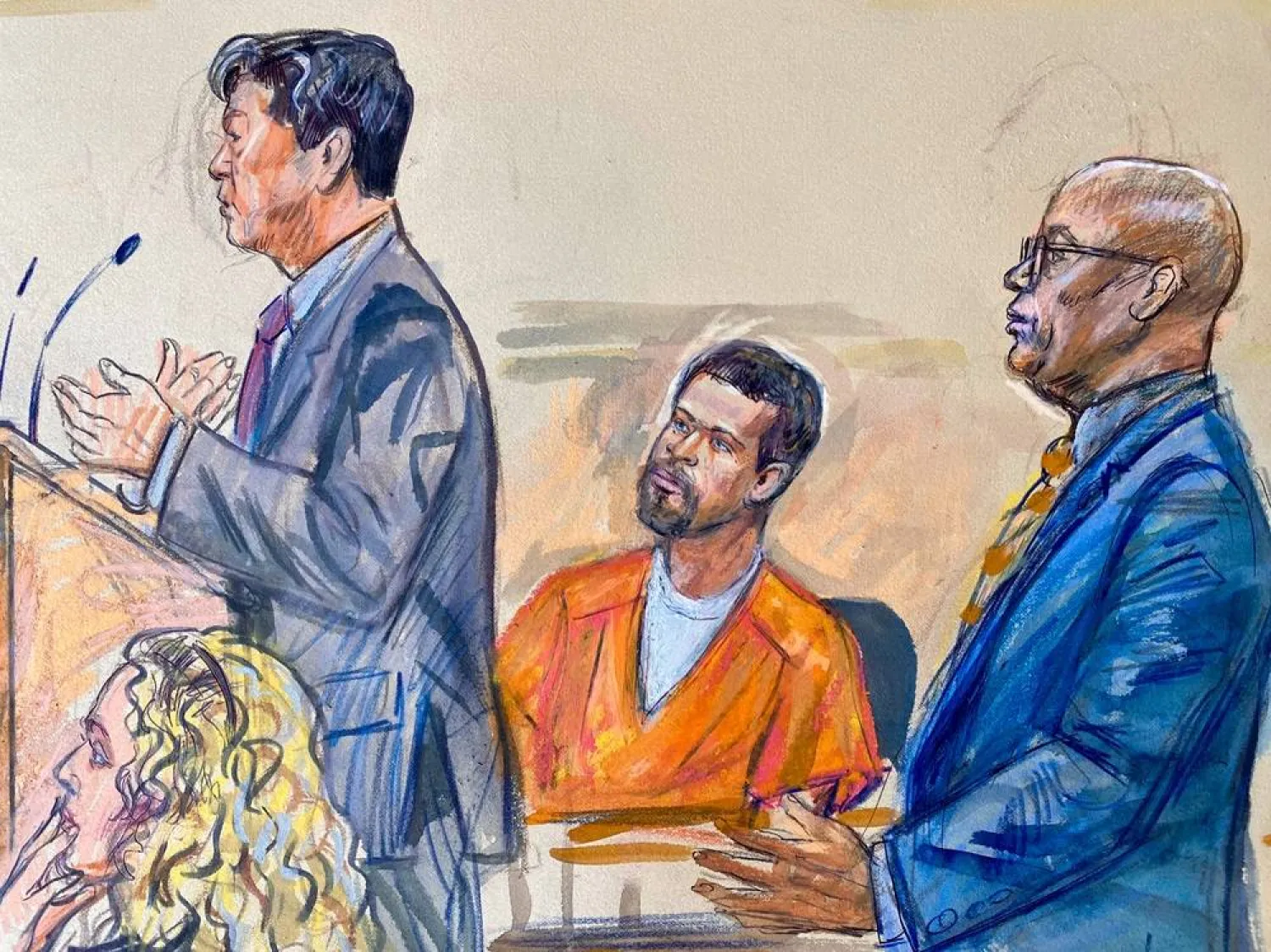 This courtroom sketch depicts Cole Tomas Allen, center, listening as his attorney Eugene Ohm, left, speaks to US Magistrate Judge Zia Faruqui, Monday, May 4, 2026, in Washington, as Tony Towns, the acting general counsel for the District of Columbia Department of Corrections, listens at right. (Dana Verkouteren via AP) 