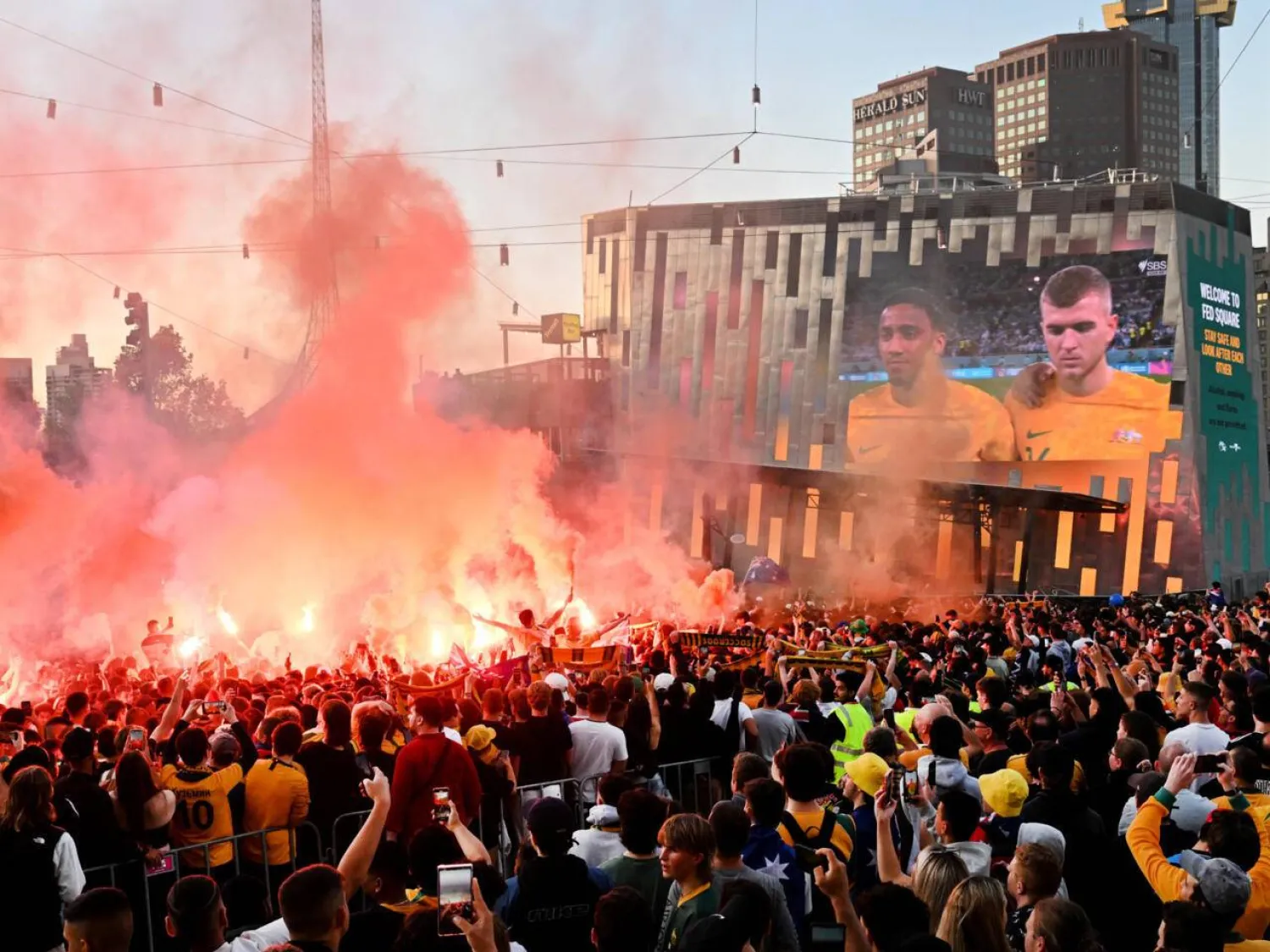 Australian Socceroos fans have been accused of unruly behavior at previous watch parties in Melbourne's Federation Square. William WEST / AFP/File

