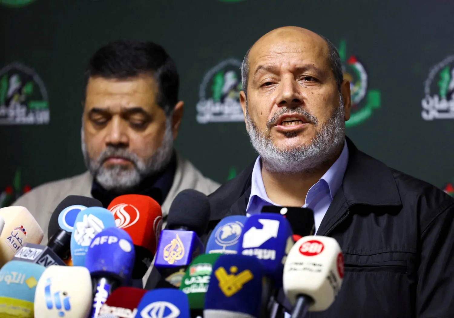 FILE PHOTO: Hamas officials, Khalil Al-Hayya and Osama Hamdan, attend a press conference in Beirut, Lebanon, November 21, 2023. REUTERS/Esa Alexander/File Photo